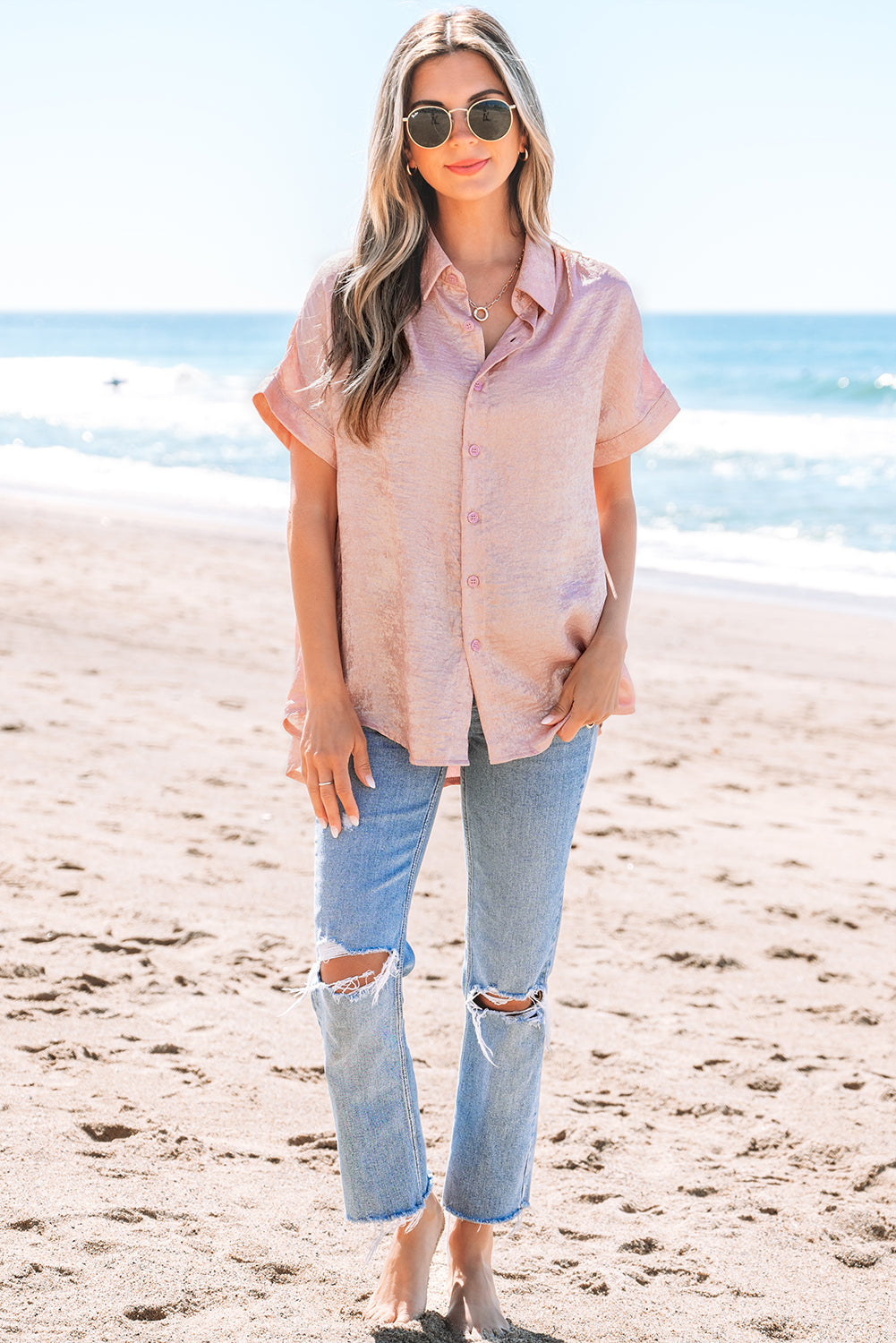 Delicacy Metallic Buttoned Loose Fit Short Sleeve Shirt-Tops/Blouses & Shirts-[Adult]-[Female]-2022 Online Blue Zone Planet