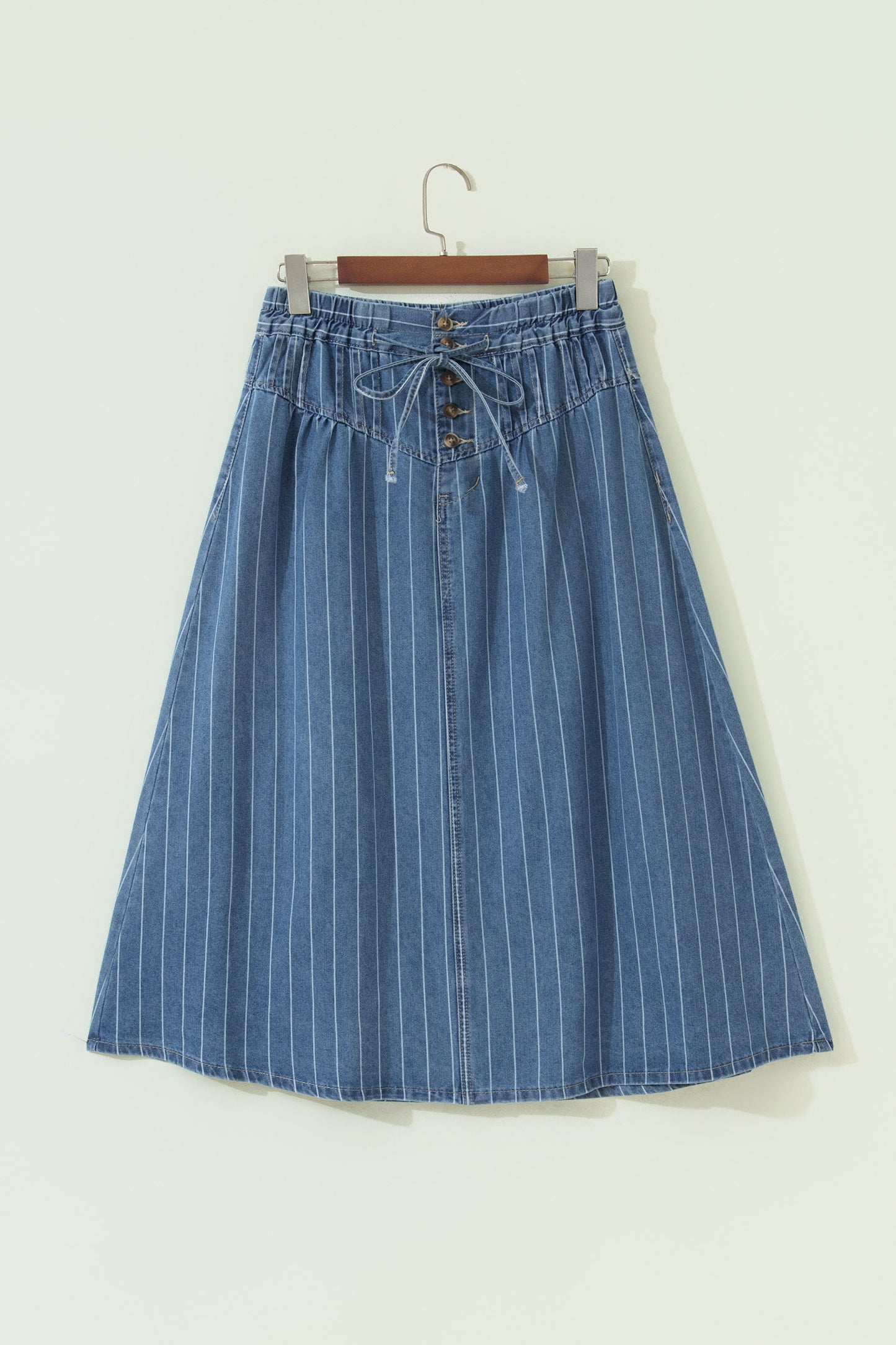 Sky Blue Stripe Button Pintuck High Waist Drawstring Denim Midi Skirt-Bottoms/Skirts & Petticoat-[Adult]-[Female]-2022 Online Blue Zone Planet