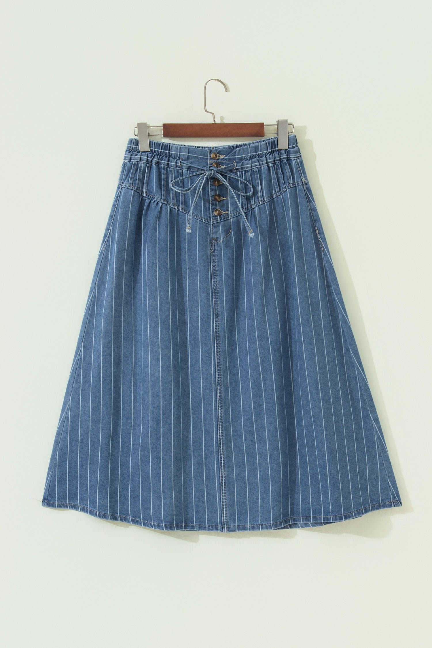 Sky Blue Stripe Button Pintuck High Waist Drawstring Denim Midi Skirt-Bottoms/Skirts & Petticoat-[Adult]-[Female]-2022 Online Blue Zone Planet