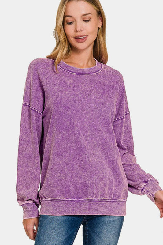 Blue Zone Planet | Zenana Washed Round Neck Dropped Shoulder Sweatshirt-TOPS / DRESSES-[Adult]-[Female]-Violet-S-2022 Online Blue Zone Planet