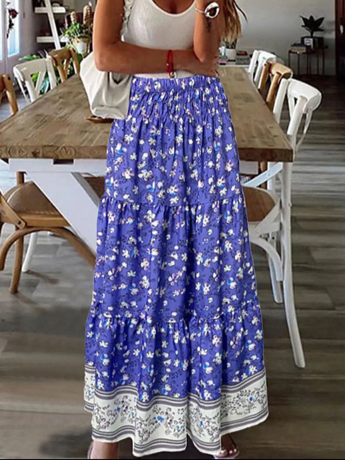 Full Size Tiered Printed Elastic Waist Skirt-BOTTOMS SIZES SMALL MEDIUM LARGE-[Adult]-[Female]-2022 Online Blue Zone Planet