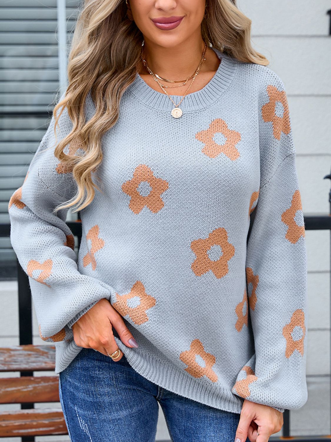 Flower Round Neck Dropped Shoulder Sweater-TOPS / DRESSES-[Adult]-[Female]-Gray-S-2022 Online Blue Zone Planet