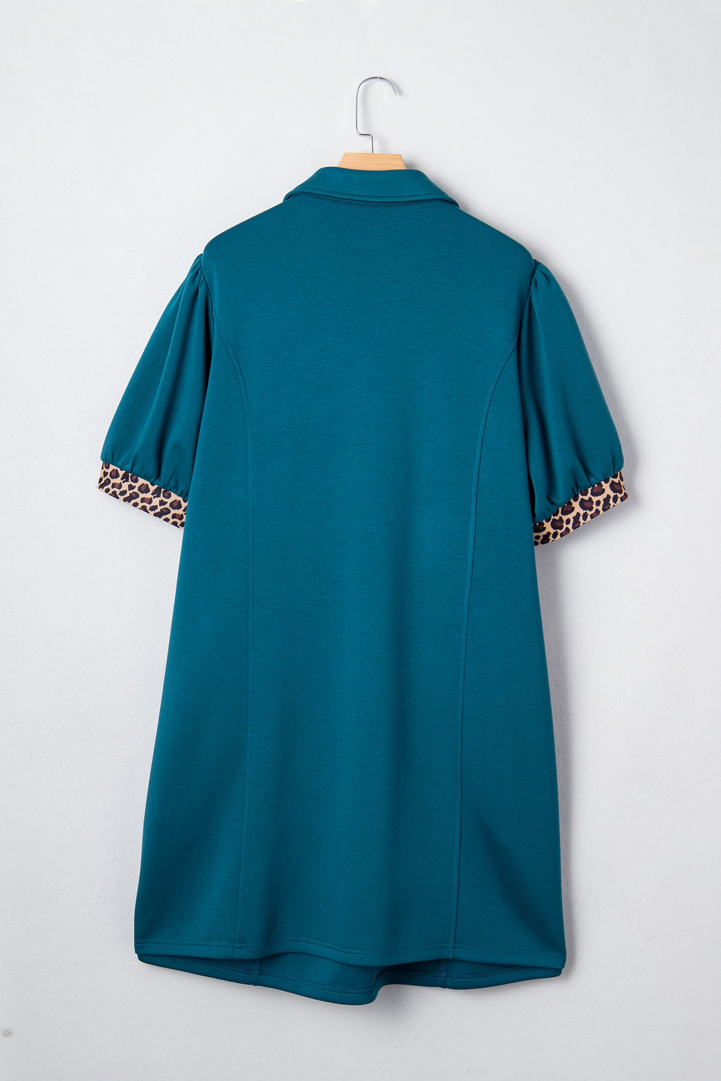 Sea Green Leopard Patchwork Detail Quarter Zip Collared Plus Size Mini Dress-Plus Size/Plus Size Dresses/Plus Size Mini Dresses-[Adult]-[Female]-2022 Online Blue Zone Planet