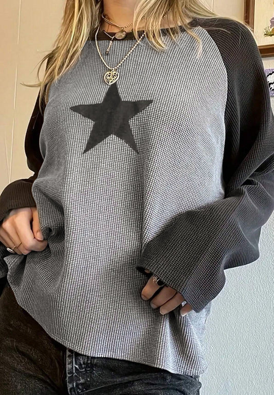 Star Round Neck Raglan Sleeve Top-TOPS / DRESSES-[Adult]-[Female]-Gray-S-2022 Online Blue Zone Planet