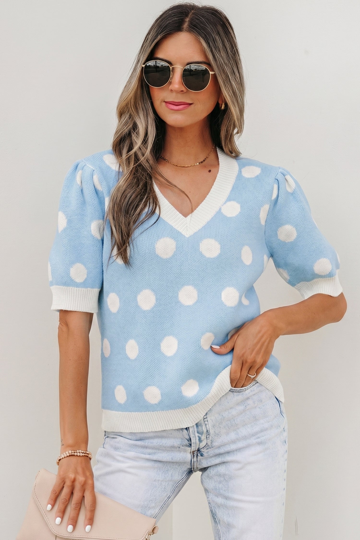 Rose Red Polka Dot Puff Short Sleeve Sweater Top-Sweaters & Cardigans/Short Sleeve Sweaters-[Adult]-[Female]-2022 Online Blue Zone Planet