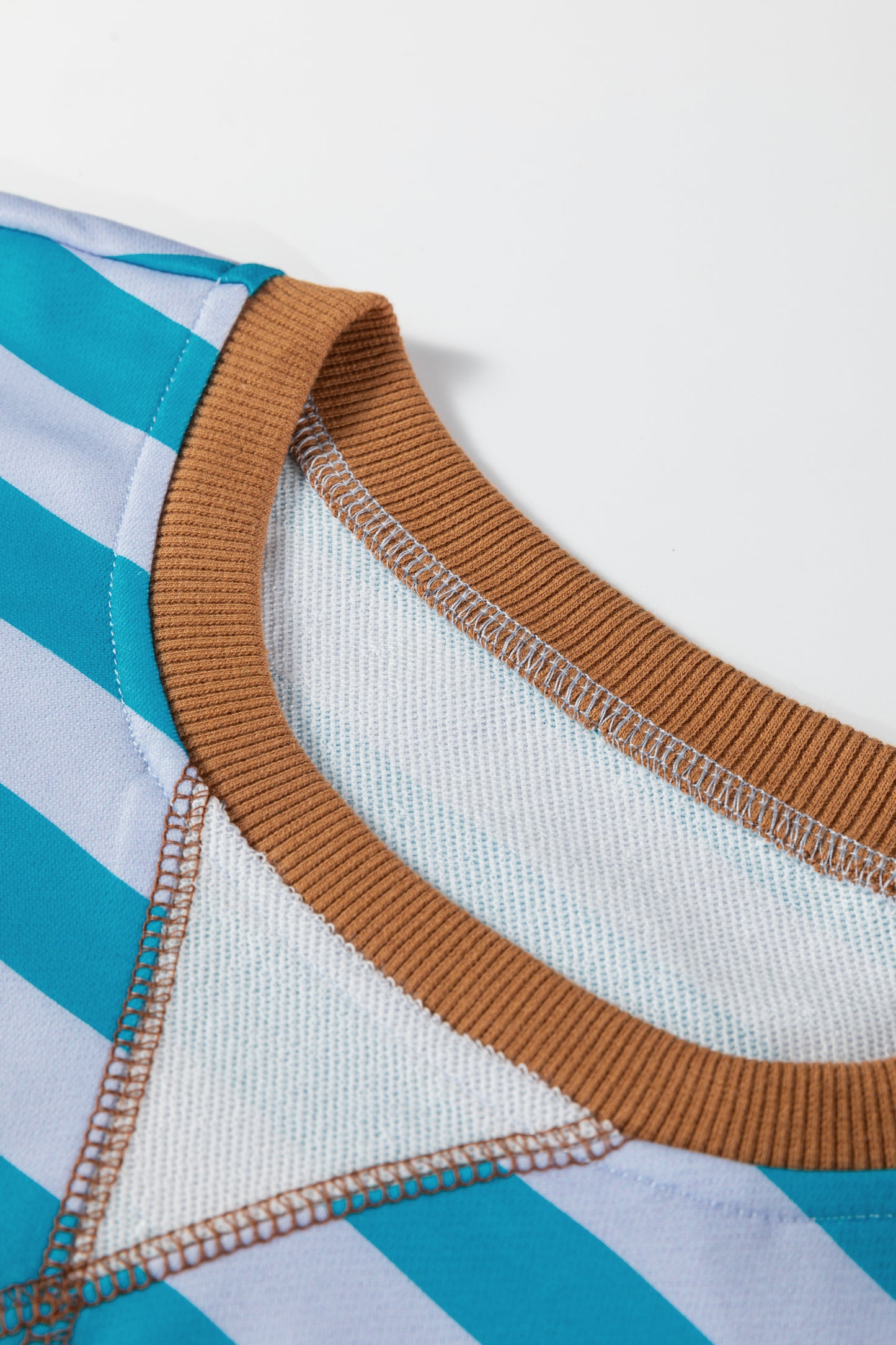 Sky Blue Stripe Contrast Color Ribbed Trim Round Neck Drop Shoulder Sweatshirt-Tops/Sweatshirts & Hoodies-[Adult]-[Female]-2022 Online Blue Zone Planet