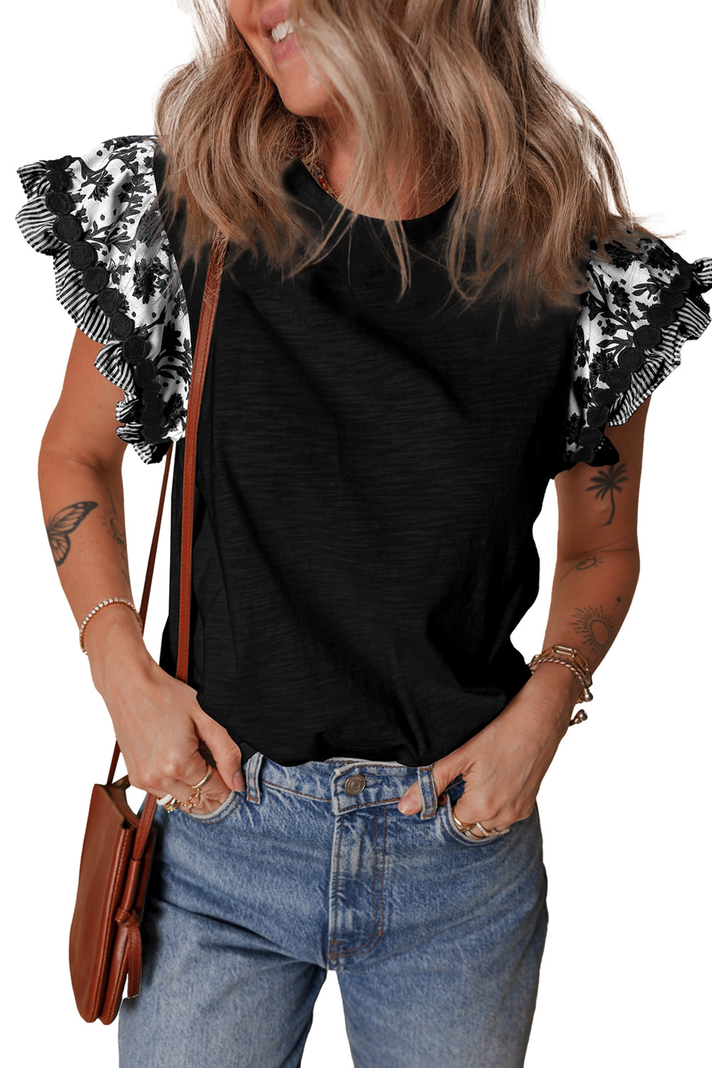 Black Ricrac Trim Printed Flutter Sleeve Contrast Patchwork Blouse-Tops/Blouses & Shirts-[Adult]-[Female]-2022 Online Blue Zone Planet