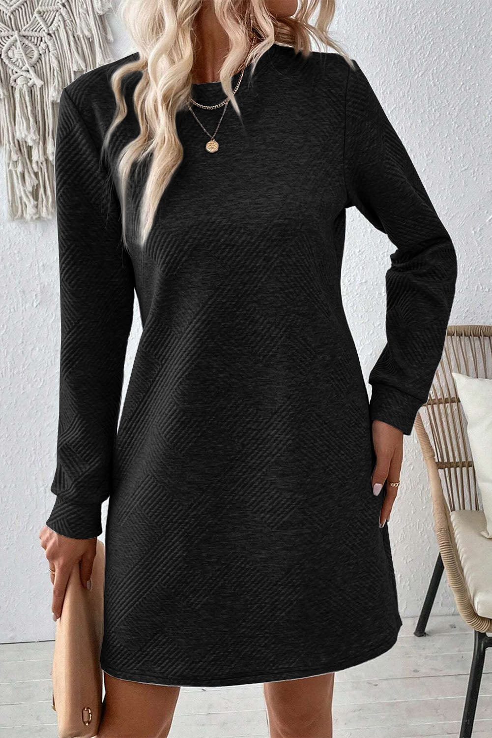 Textured Round Neck Long Sleeve Mini Dress-TOPS / DRESSES-[Adult]-[Female]-Black-S-2022 Online Blue Zone Planet