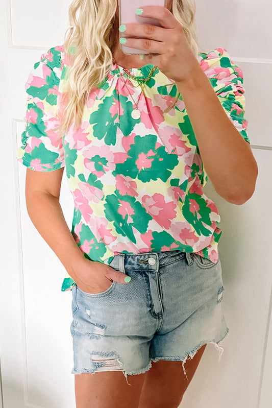 Green Abstract Print Frilly Neck Ruched Short Sleeve Blouse-Tops/Blouses & Shirts-[Adult]-[Female]-Green-S-2022 Online Blue Zone Planet