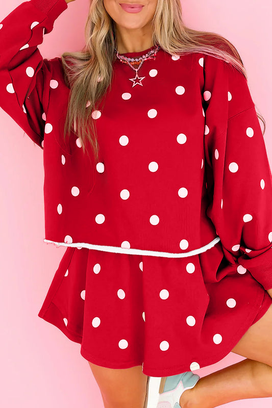 Red Polka Dot Raw Hem Relaxed Pullover Loose Skort Two Piece Set-Two Piece Sets/Two Piece Dresses-[Adult]-[Female]-Red-S-2022 Online Blue Zone Planet