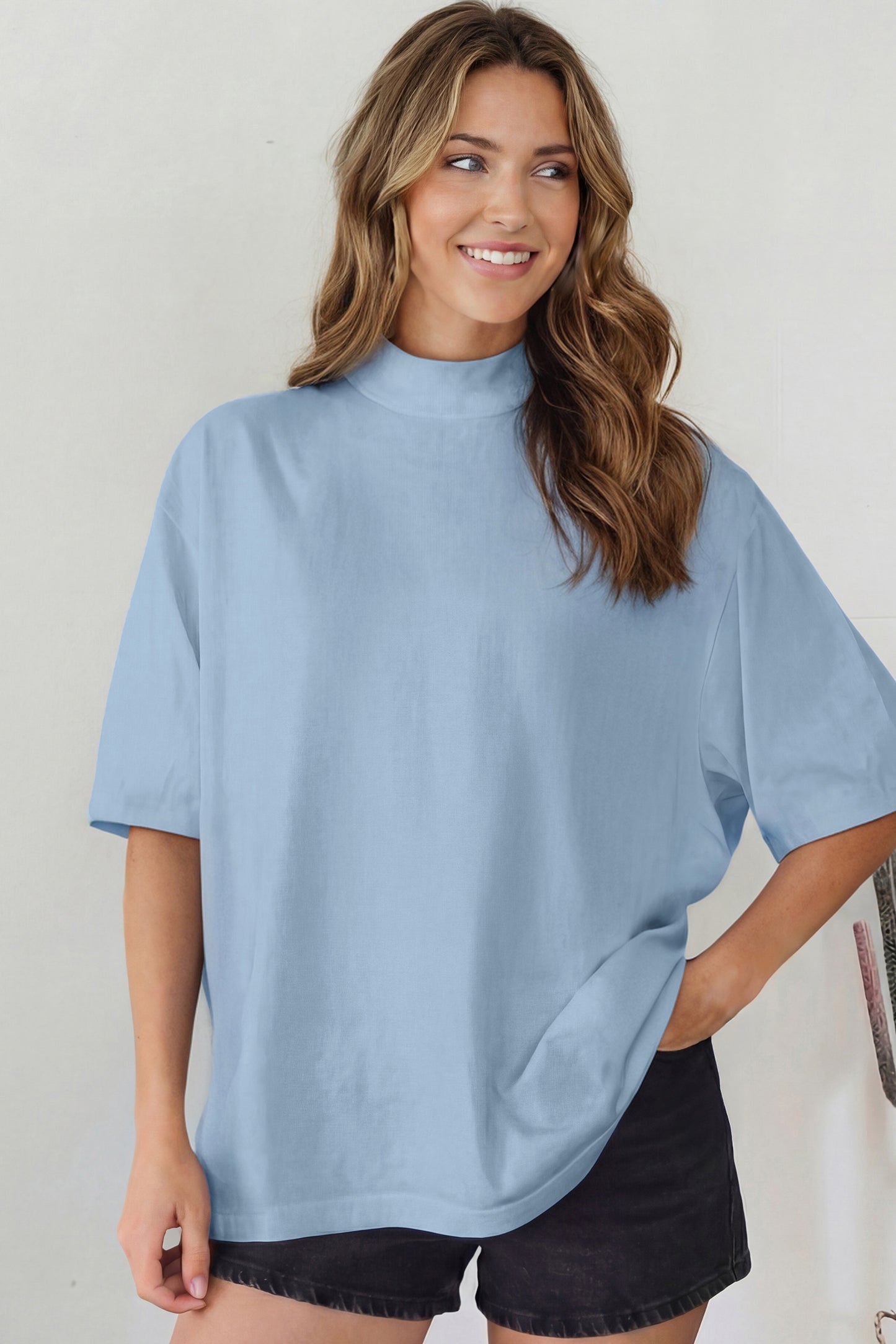 Pink Solid Color High Neck Oversize Tee-Tops/Tops & Tees-[Adult]-[Female]-2022 Online Blue Zone Planet