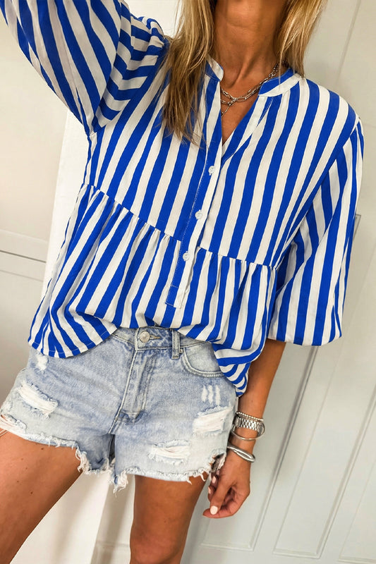 Sky Blue Stripe Balloon Sleeve Loose Button up Shirt-Tops/Blouses & Shirts-[Adult]-[Female]-Sky Blue Stripe-S-2022 Online Blue Zone Planet