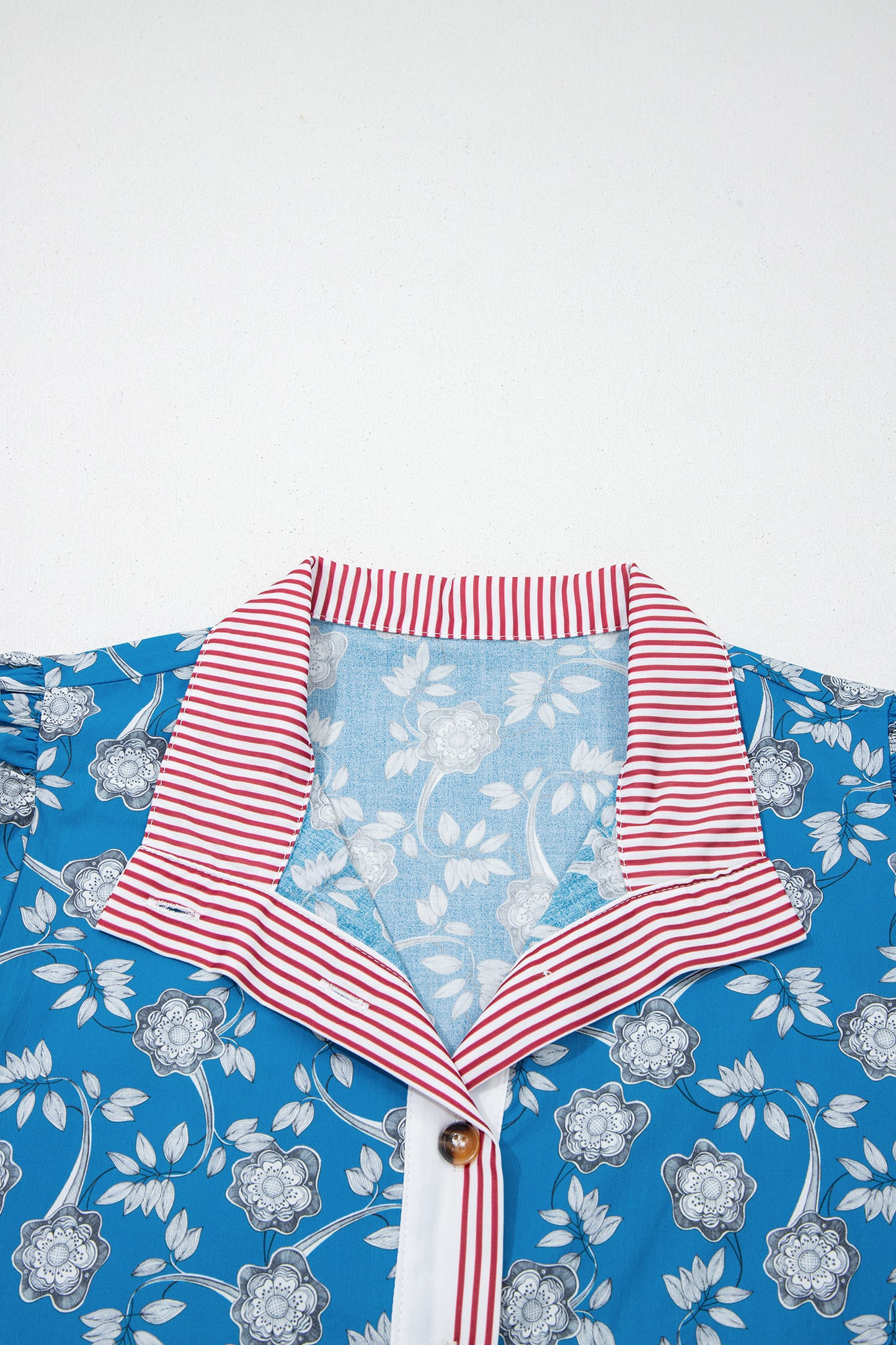 Blue Retro Floral Print Striped Trim Button Neck Short Sleeve Blouse-Tops/Blouses & Shirts-[Adult]-[Female]-2022 Online Blue Zone Planet