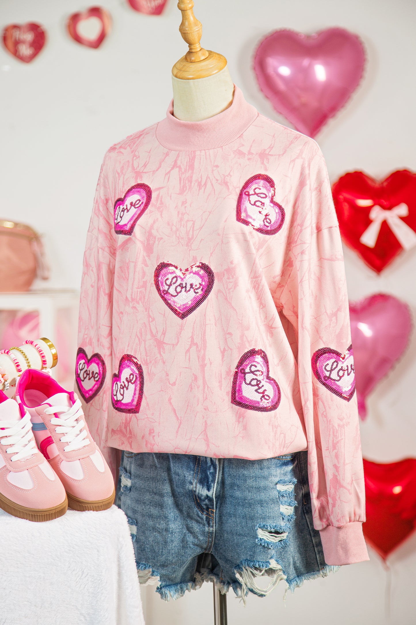 Pink Tie Dye Camo Sequin Love Heart Patched Mock Neck Sweatshirt-Graphic Sweatshirts-[Adult]-[Female]-2022 Online Blue Zone Planet