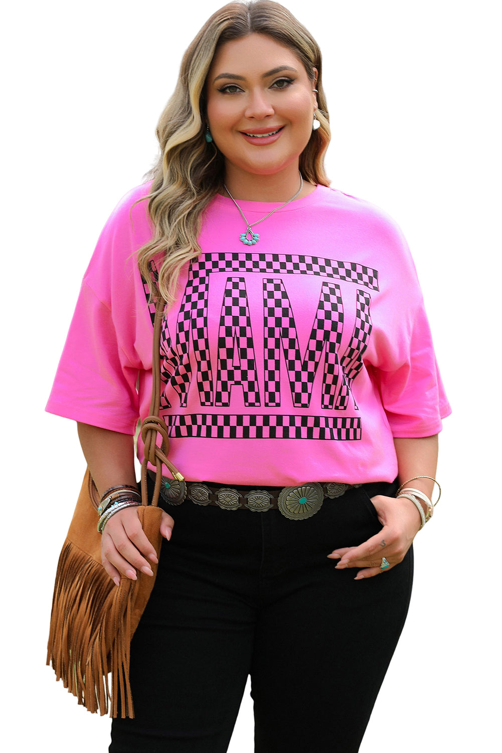 Bright Pink Checker Mama Letter Printed Graphic Plus Size T Shirt-Plus Size/Plus Size Tops/Plus Size Tops & Tees-[Adult]-[Female]-2022 Online Blue Zone Planet