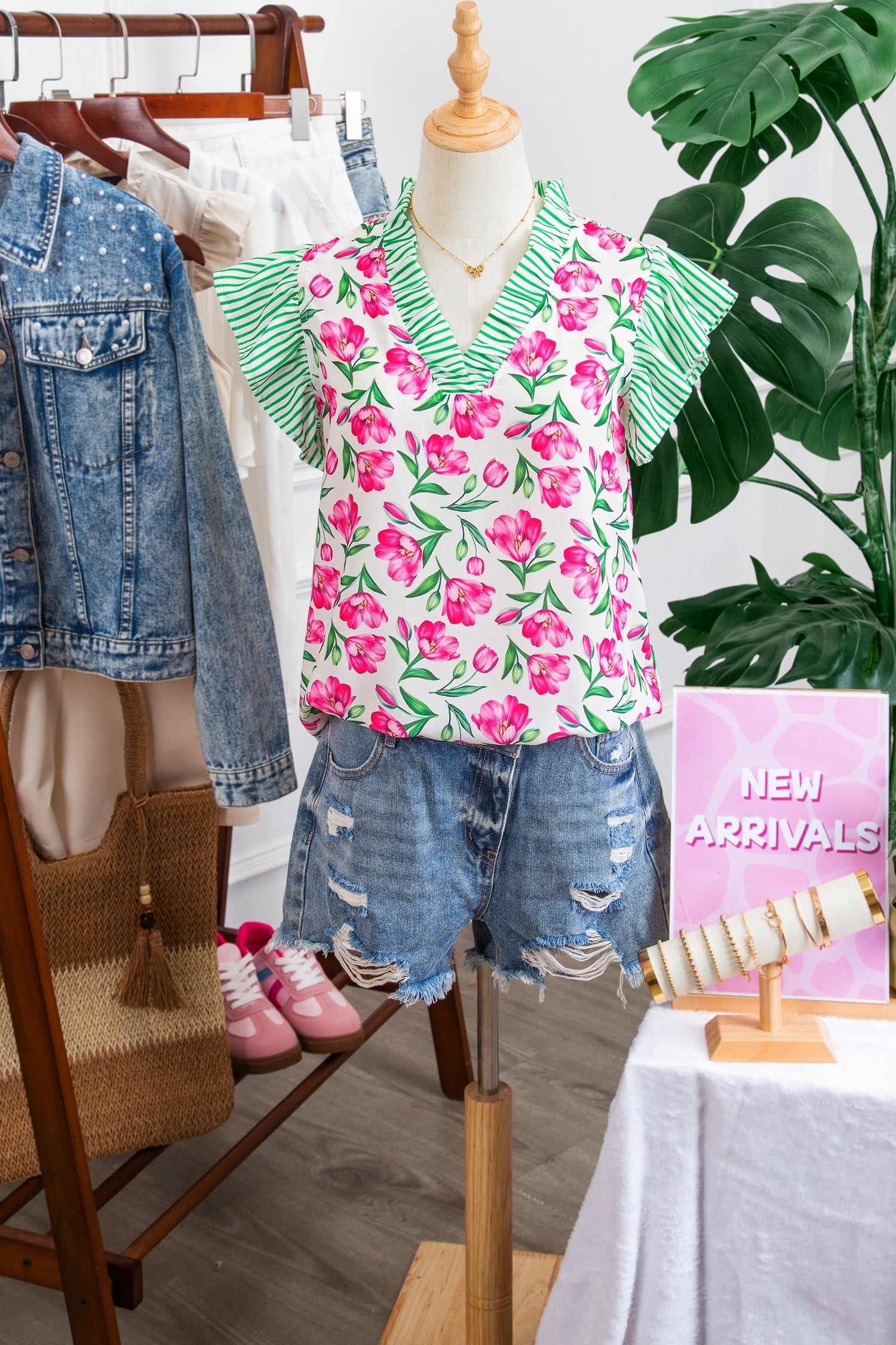 Multicolour Sweet Floral Print Striped Ruffle Trim V Neck Blouse-Tops/Blouses & Shirts-[Adult]-[Female]-2022 Online Blue Zone Planet