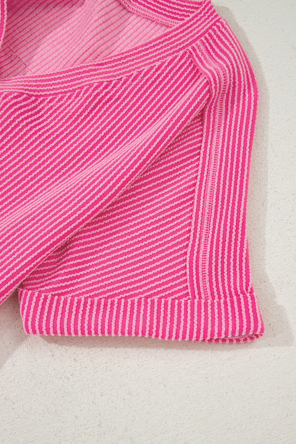 Bright Pink Spiral Ribbed Short Sleeve V Neck Buttoned Romper with Pocket-Bottoms/Jumpsuits & Rompers-[Adult]-[Female]-2022 Online Blue Zone Planet