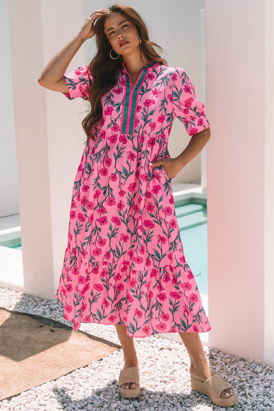 Pink Floral Contrast Neckline A-line Puff Sleeve Long Dress-Dresses/Maxi Dresses-[Adult]-[Female]-Pink-S-2022 Online Blue Zone Planet