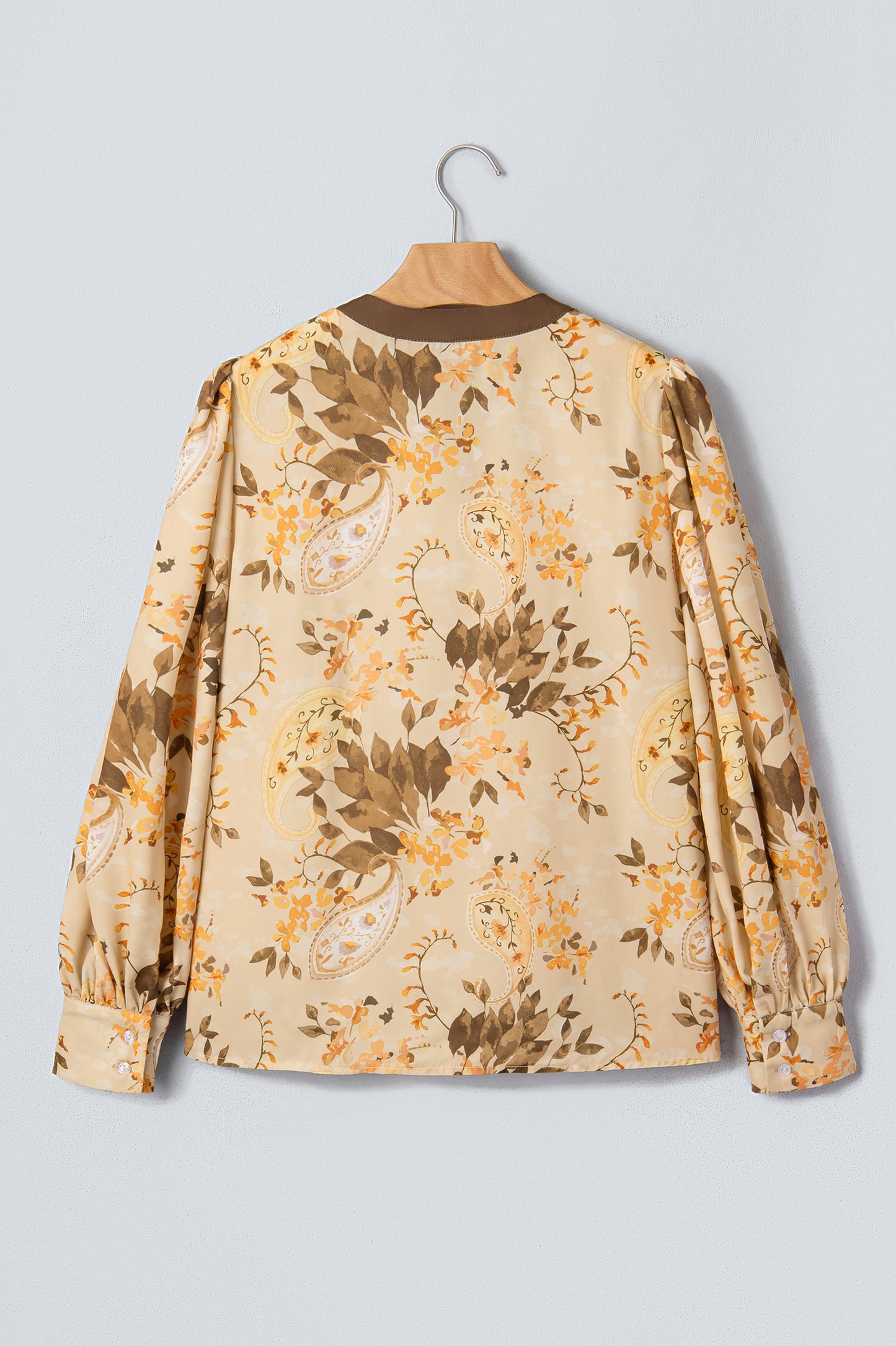 Khaki Paisley Print Tie Neck Long Sleeve Blouse-Tops/Blouses & Shirts-[Adult]-[Female]-2022 Online Blue Zone Planet