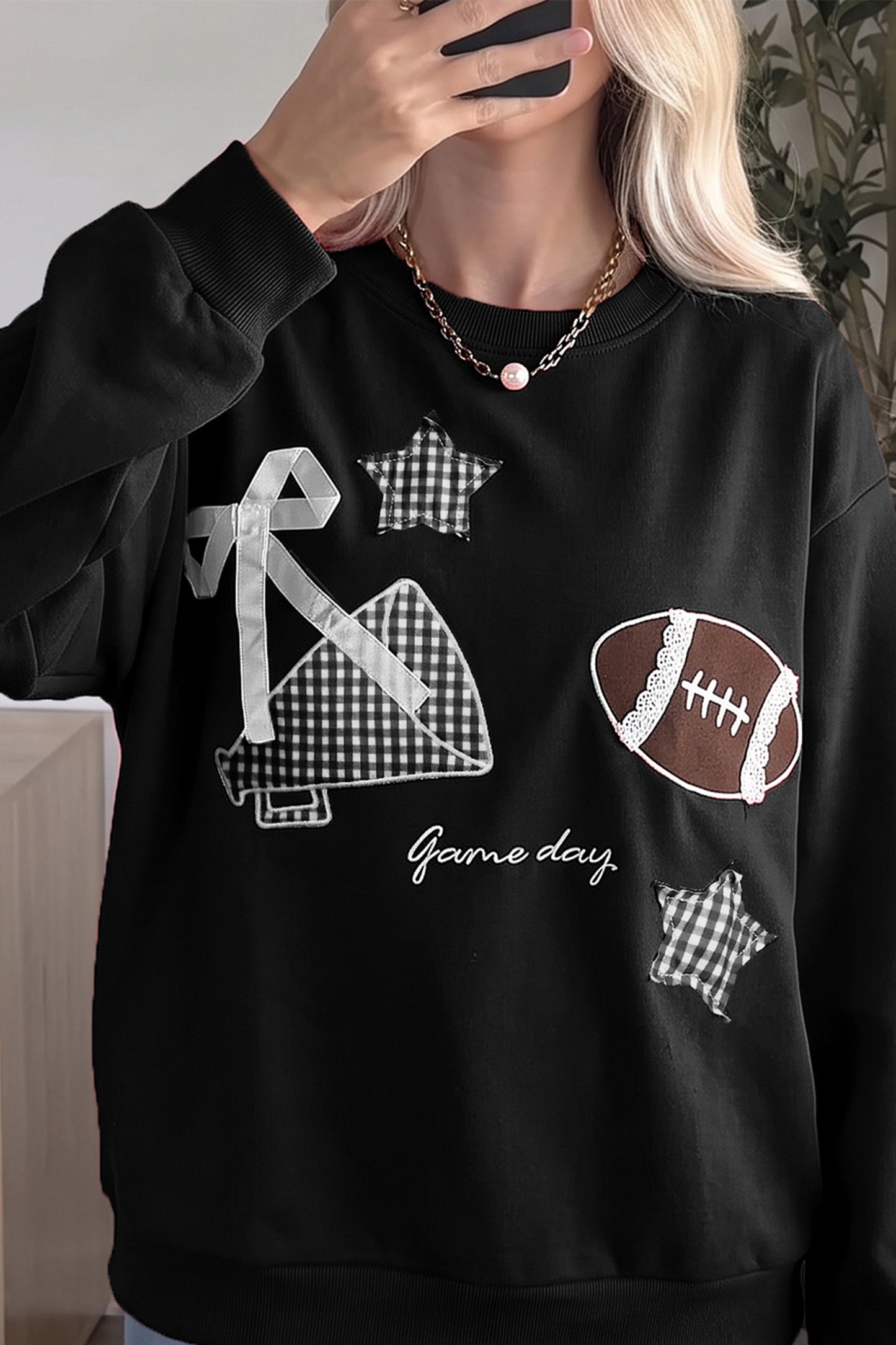 Racing Red Gingham Patch Embroidered Rugby Game Day Stars Sweatshirt