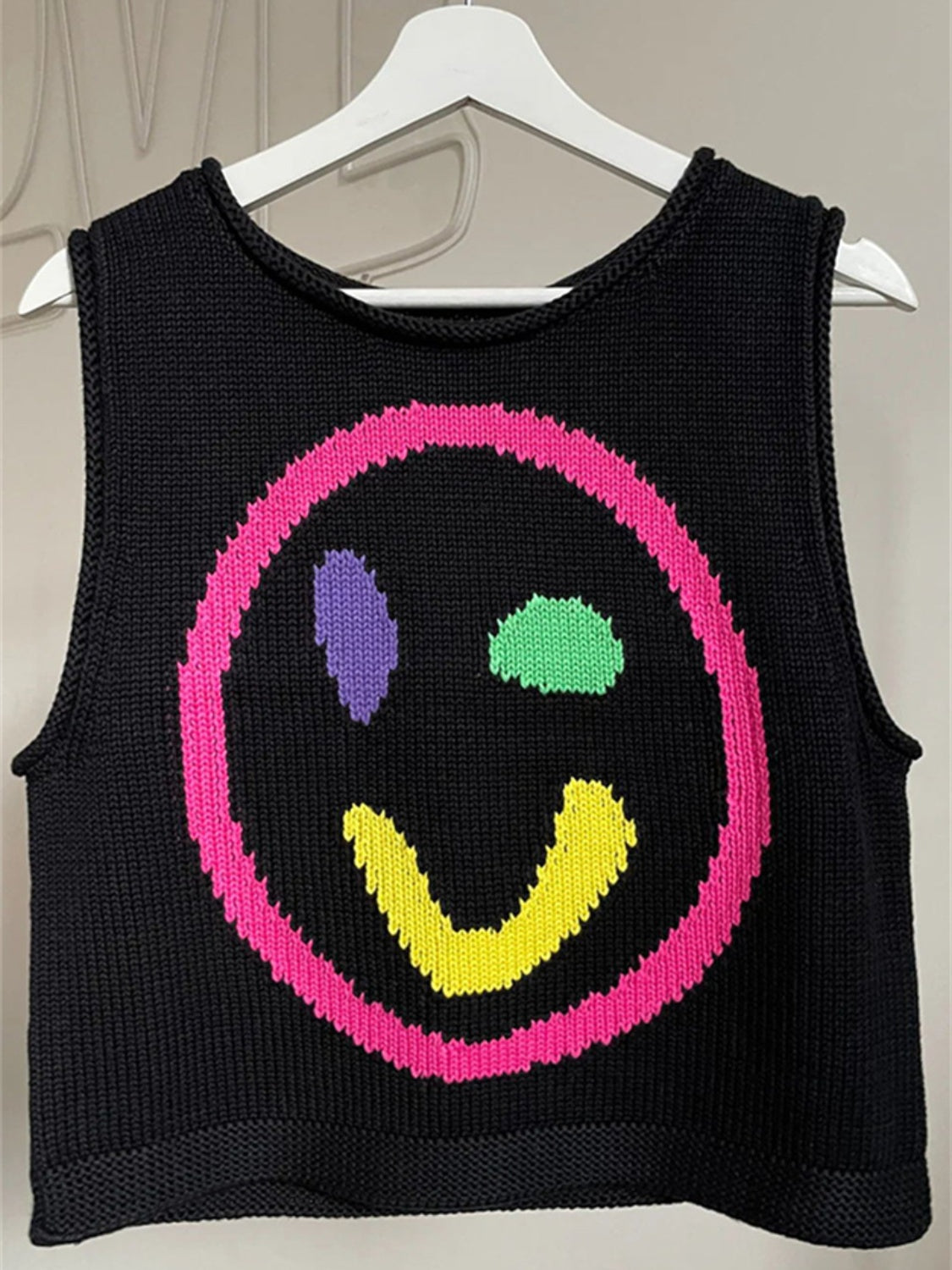 Smiley Round Neck Sweater Vest-TOPS / DRESSES-[Adult]-[Female]-2022 Online Blue Zone Planet