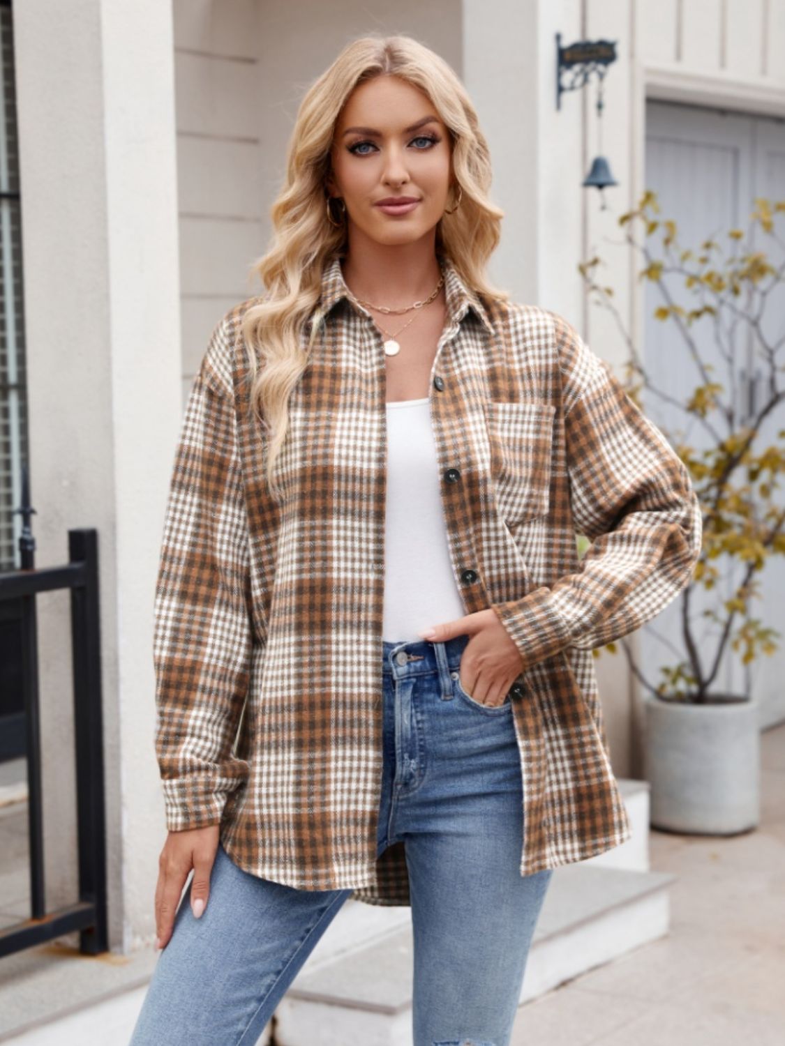 Mandy Pocketed Plaid Collared Neck Long Sleeve Shirt-TOPS / DRESSES-[Adult]-[Female]-Caramel-S-2022 Online Blue Zone Planet