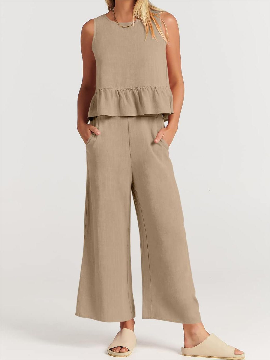 Blue Zone Planet | Full Size Round Neck Top and Wide Leg Pants Set-TOPS / DRESSES-[Adult]-[Female]-Khaki-S-2022 Online Blue Zone Planet