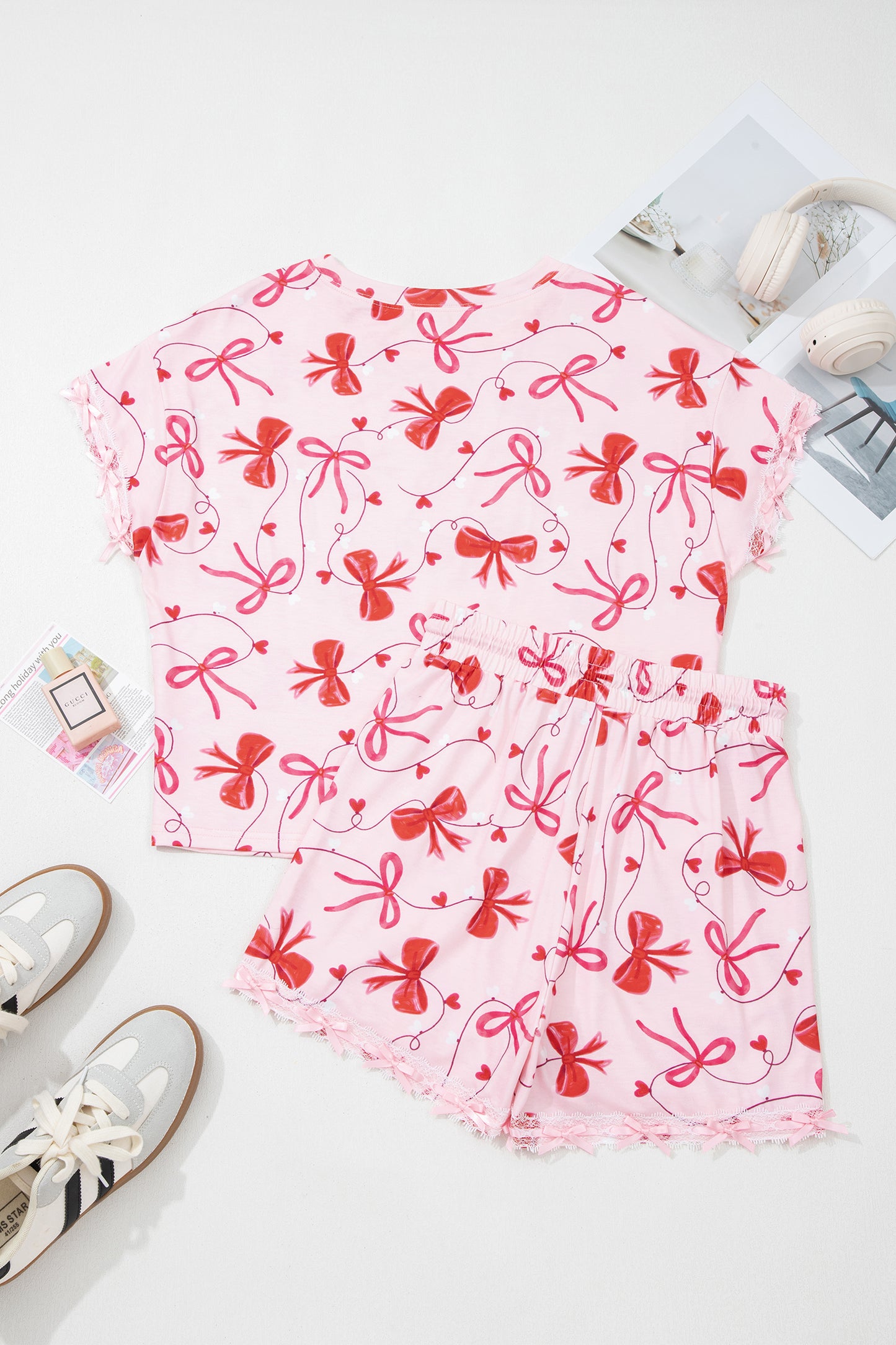 Red Romantic Bow Print Loose Tee Drawstring Shorts 2pcs Lounge Set-Loungewear & Sleepwear/Loungewear-[Adult]-[Female]-2022 Online Blue Zone Planet