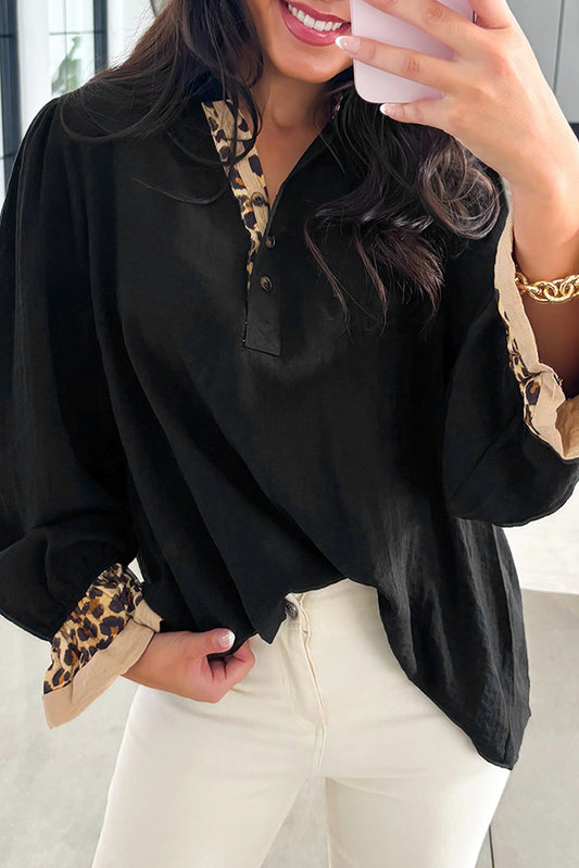 Black Contrast Leopard Print Patchwork Polo Collar Buttons Front Ruffled Long Sleeve Blouse-Tops/Blouses & Shirts-[Adult]-[Female]-Black-S-2022 Online Blue Zone Planet