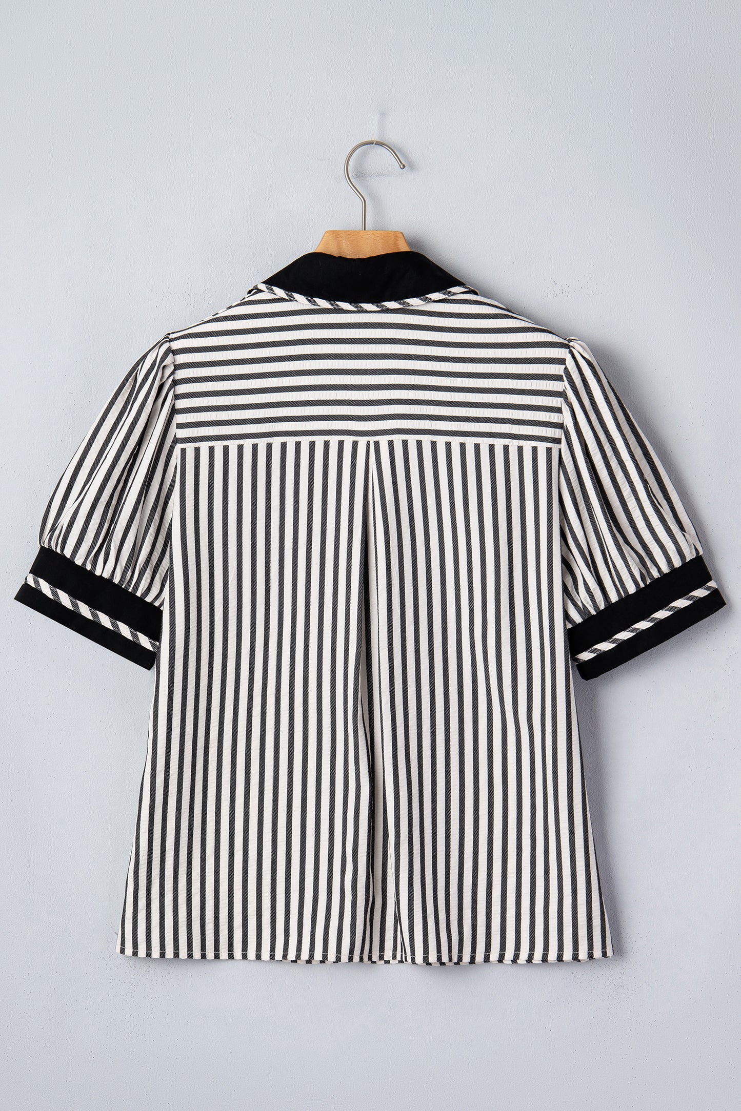 Black Stripe Collared Split Neck Short Bubble Sleeve Blouse-Tops/Blouses & Shirts-[Adult]-[Female]-2022 Online Blue Zone Planet