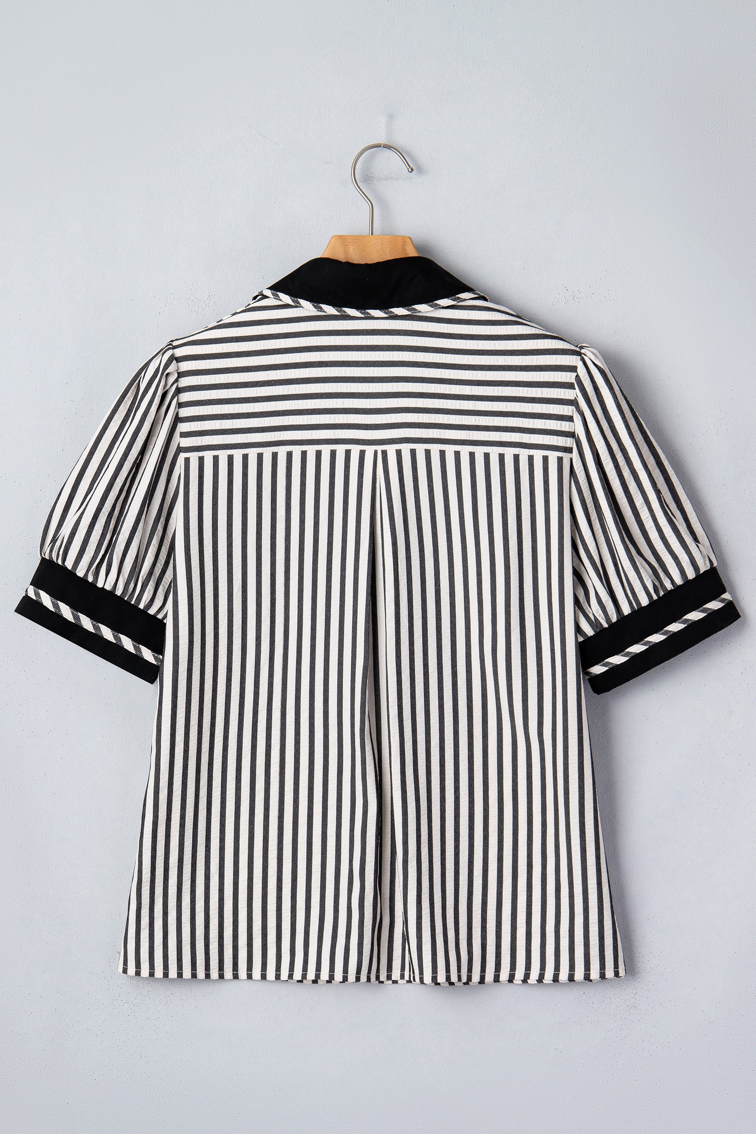 Black Stripe Collared Split Neck Short Bubble Sleeve Blouse-Tops/Blouses & Shirts-[Adult]-[Female]-2022 Online Blue Zone Planet