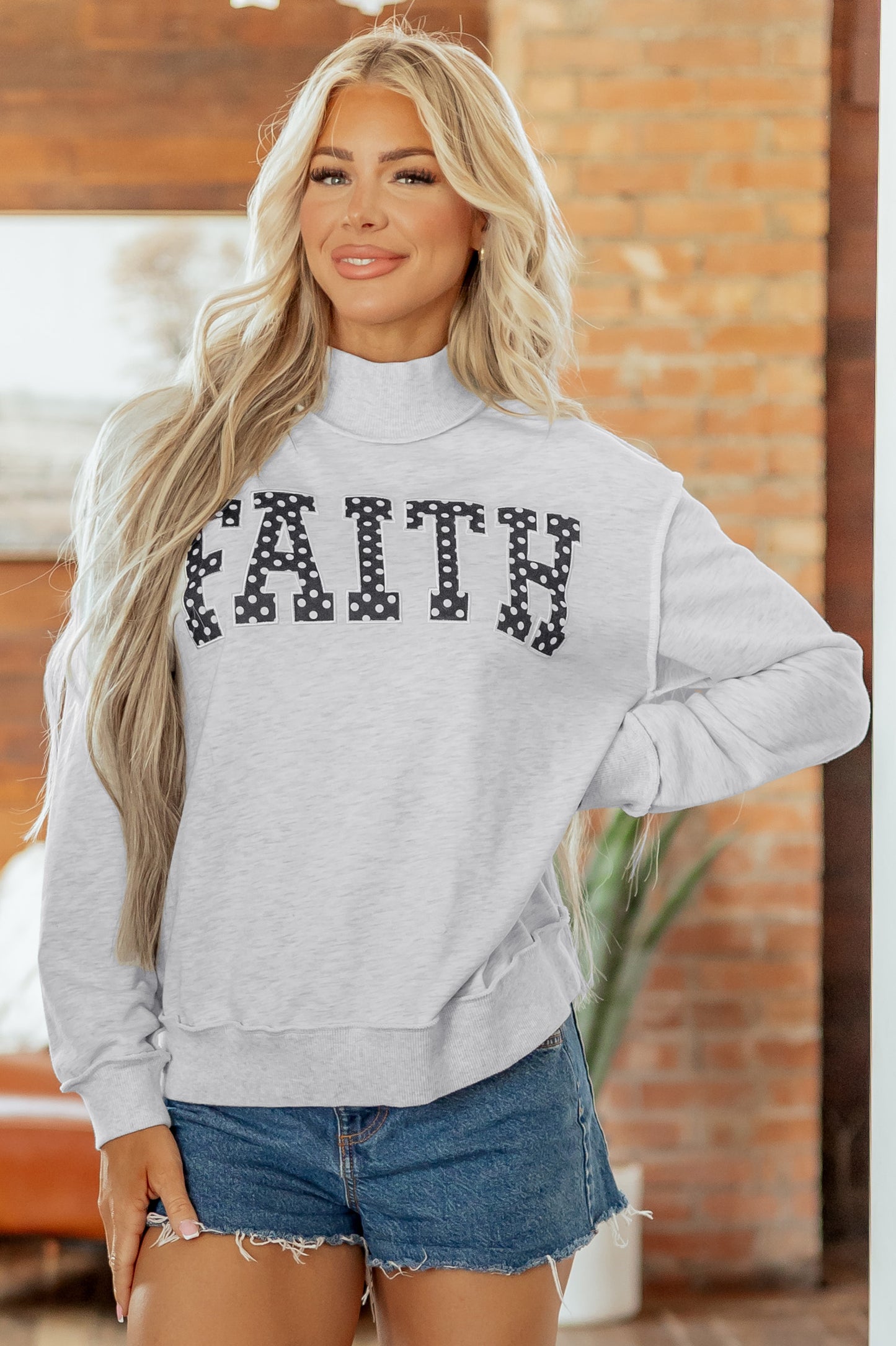 Light Grey High Neck Polka Dot Slogan Printed Baggy Sweatshirt-Tops/Sweatshirts & Hoodies-[Adult]-[Female]-2022 Online Blue Zone Planet