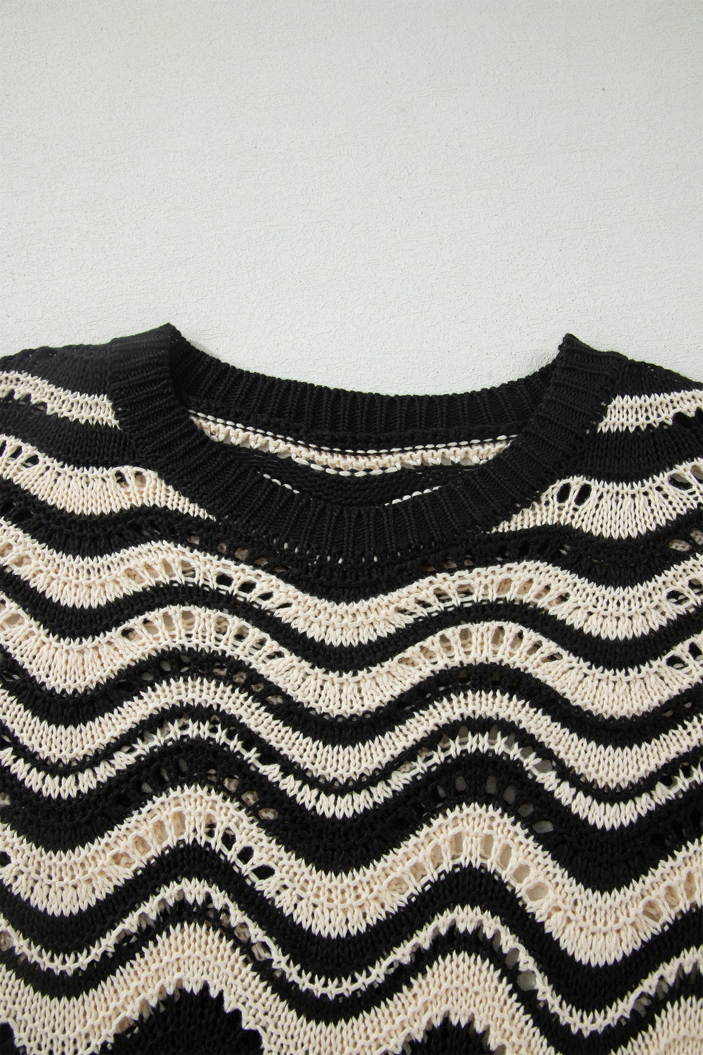 Beige Stripe Wavy Crochet Eyelet Detail Ruffle Half Sleeve Sweater-TOPS / DRESSES-[Adult]-[Female]-2022 Online Blue Zone Planet