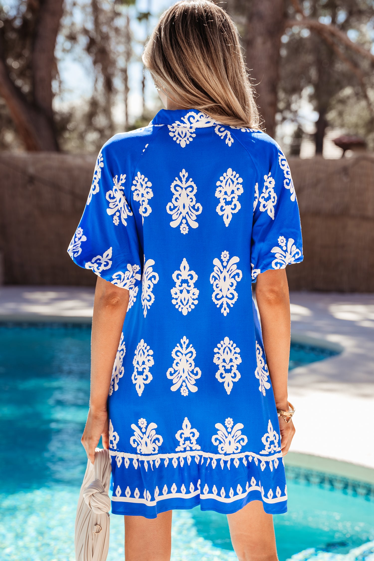 Blue Ethnic Geometric Print Collared Button Front Short Puff Sleeve Mini Dress-TOPS / DRESSES-[Adult]-[Female]-2022 Online Blue Zone Planet