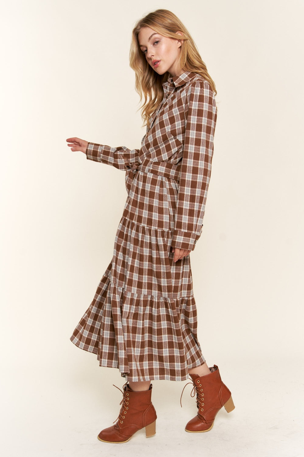 And the Why Plaid Tiered Midi Shirt Dress-TOPS / DRESSES-[Adult]-[Female]-2022 Online Blue Zone Planet