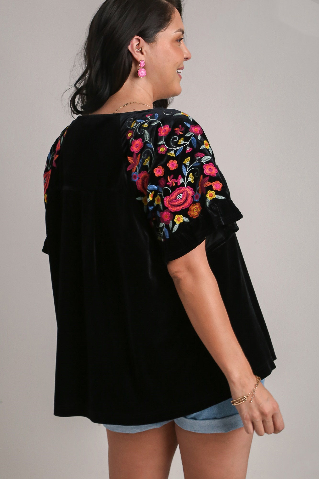 Blue Zone Planet | Umgee Full Size Velvet Embroidery Short Sleeve Blouse-TOPS / DRESSES-[Adult]-[Female]-2022 Online Blue Zone Planet