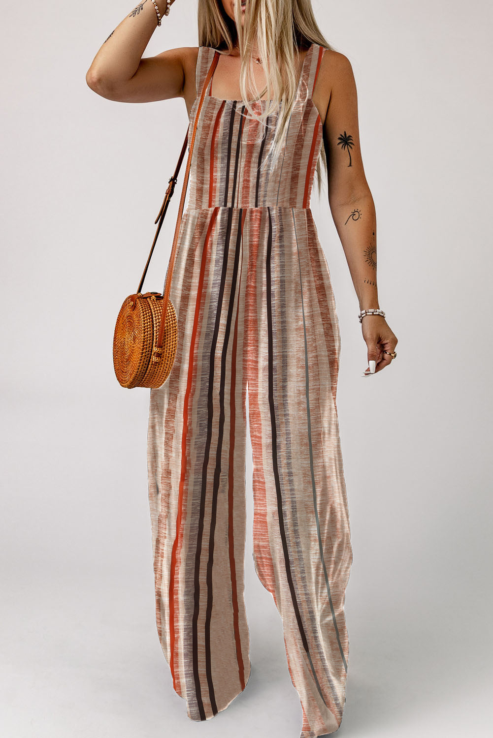 Yellow Stripe Square Neck Sleeveless Smocked Bodice Wide Leg Jumpsuit-Bottoms/Jumpsuits & Rompers-[Adult]-[Female]-2022 Online Blue Zone Planet