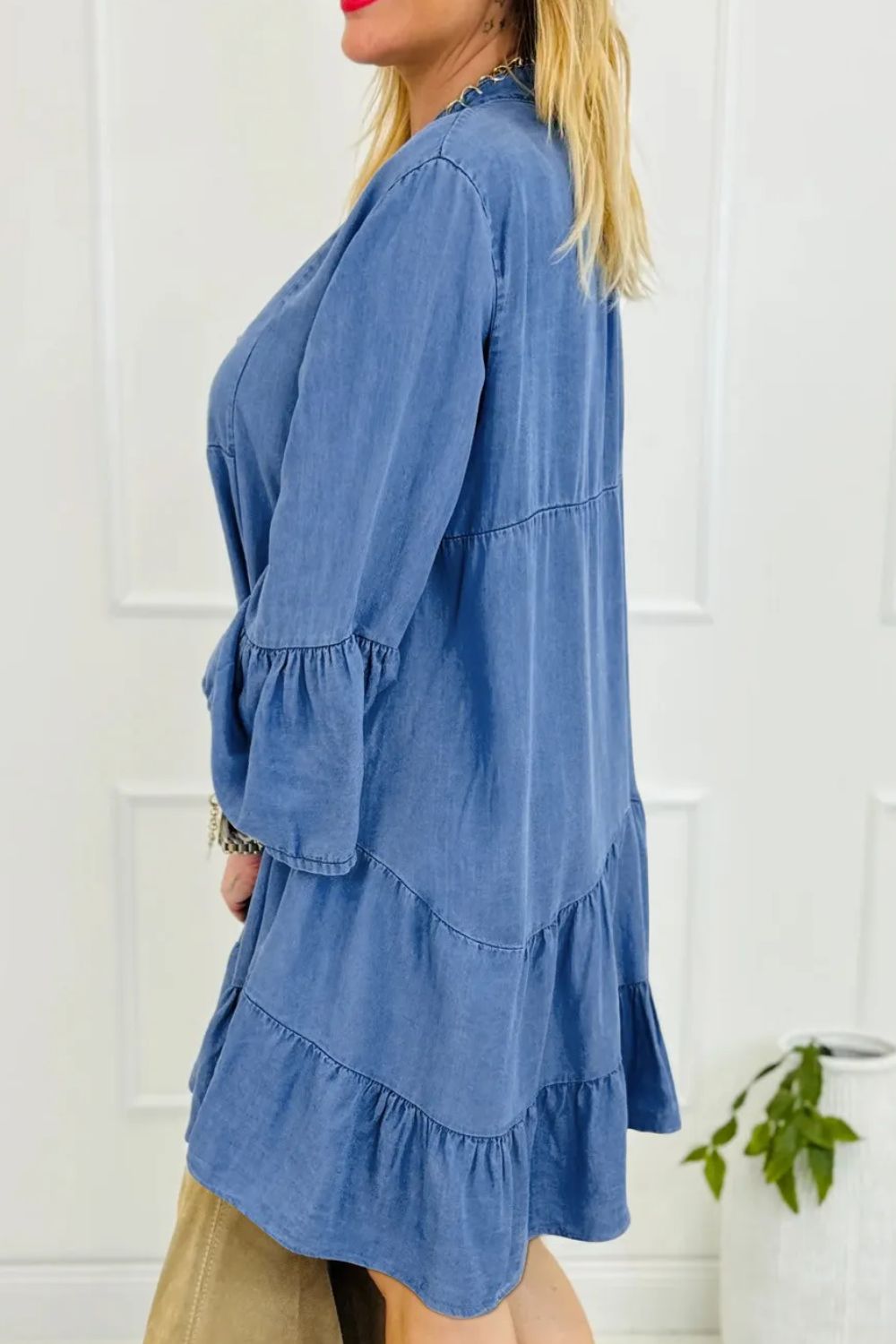 Notched Flare Sleeve Denim Dress-TOPS / DRESSES-[Adult]-[Female]-2022 Online Blue Zone Planet