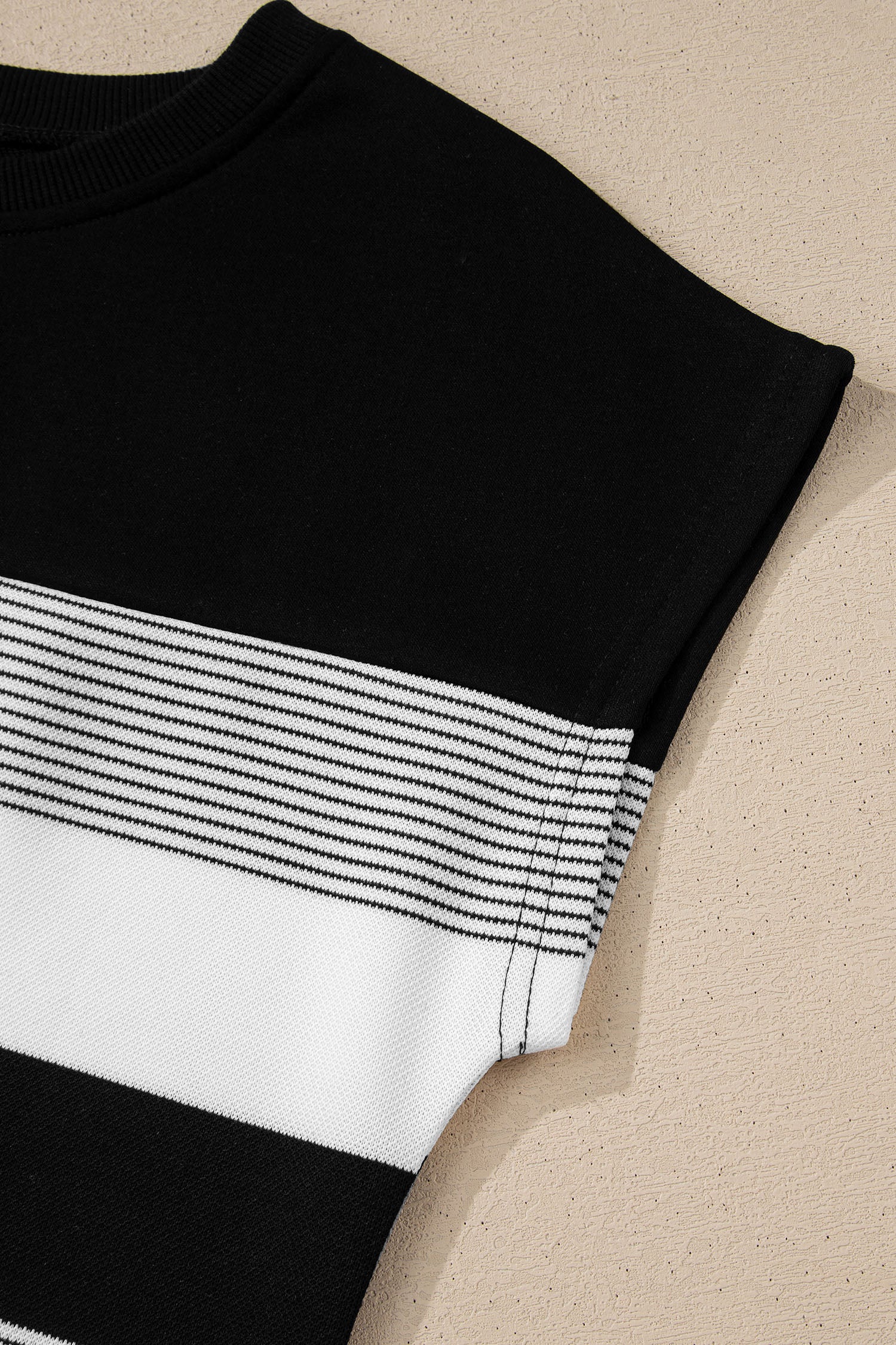 Black Stripe Mixed Print Crew Neck Cap Sleeve T Shirt-Tops/Tops & Tees-[Adult]-[Female]-2022 Online Blue Zone Planet