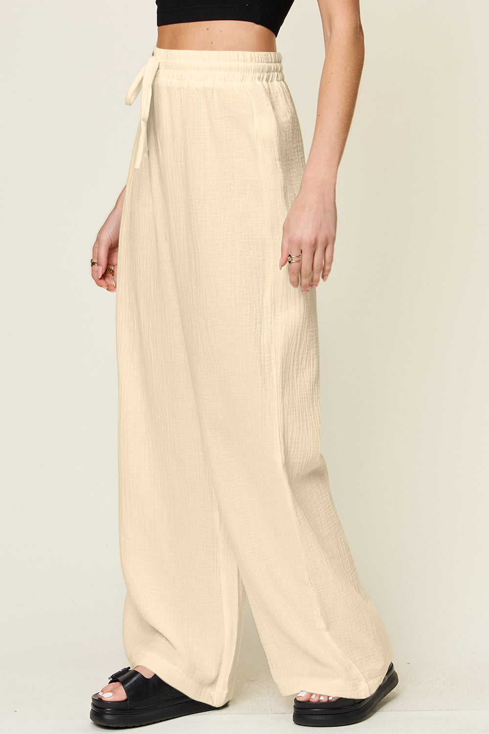 Double Take Full Size Texture Drawstring Wide Leg Pants-BOTTOMS SIZES SMALL MEDIUM LARGE-[Adult]-[Female]-2022 Online Blue Zone Planet