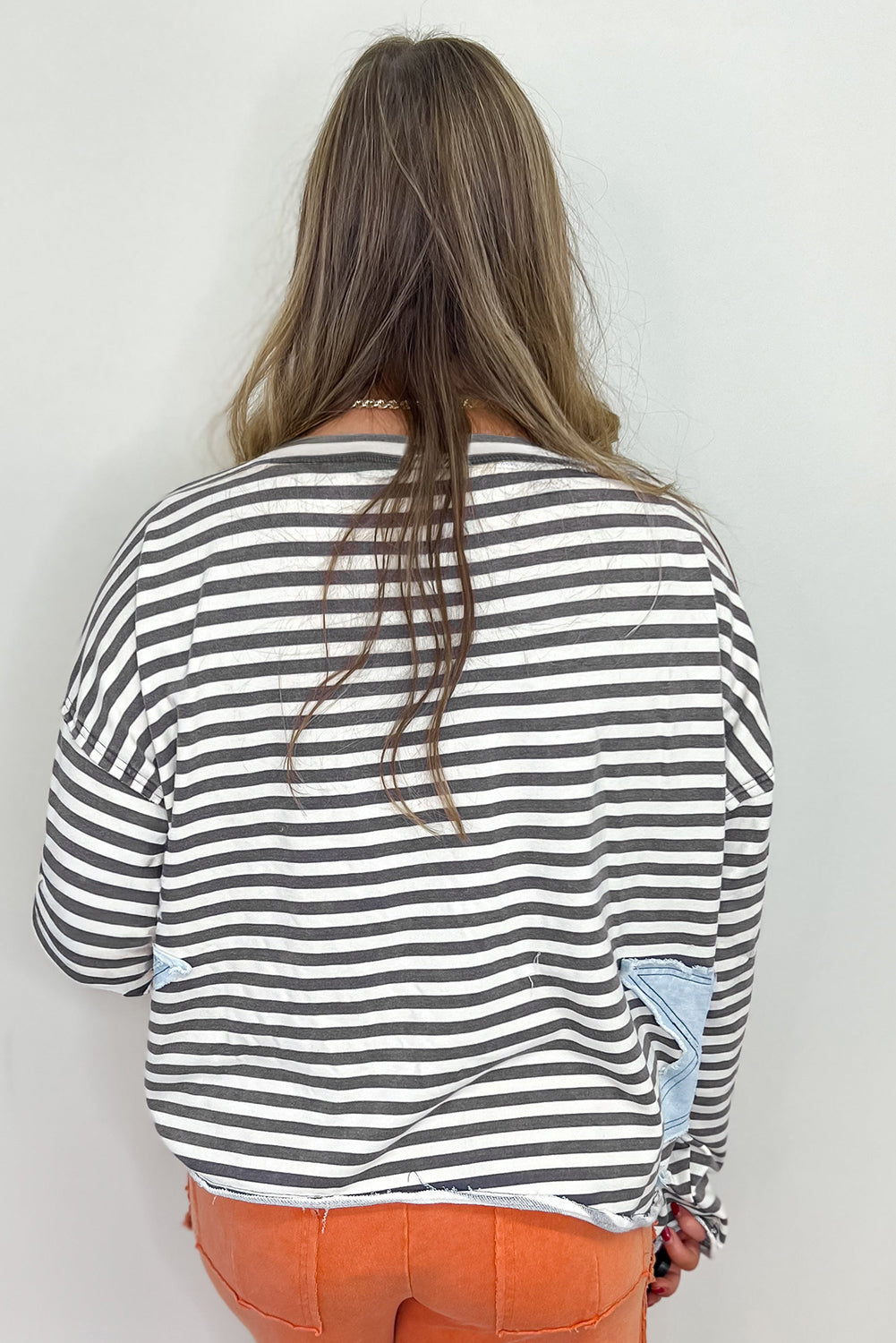 Gray Stripe Starry Patch Drop Shoulder Raw Edge Casual Knit Top-Tops/Sweatshirts & Hoodies-[Adult]-[Female]-2022 Online Blue Zone Planet