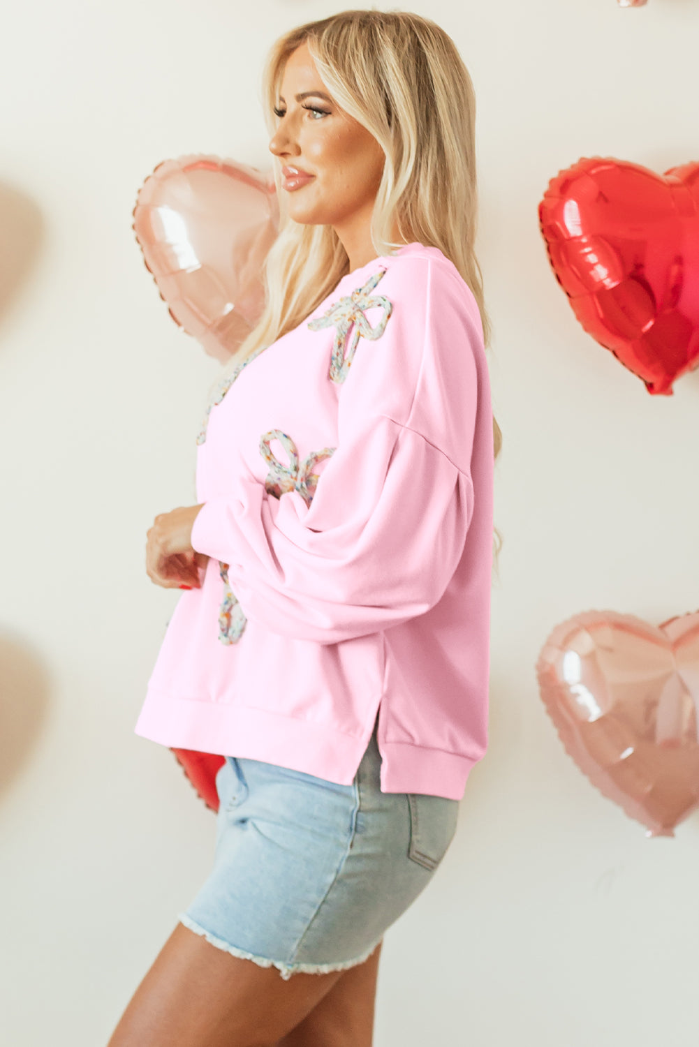 Blue Zone Planet | Light Pink Embroidered Bow Lantern Sleeve Oversized Pullover Sweatshirt-Tops/Sweatshirts & Hoodies-[Adult]-[Female]-2022 Online Blue Zone Planet