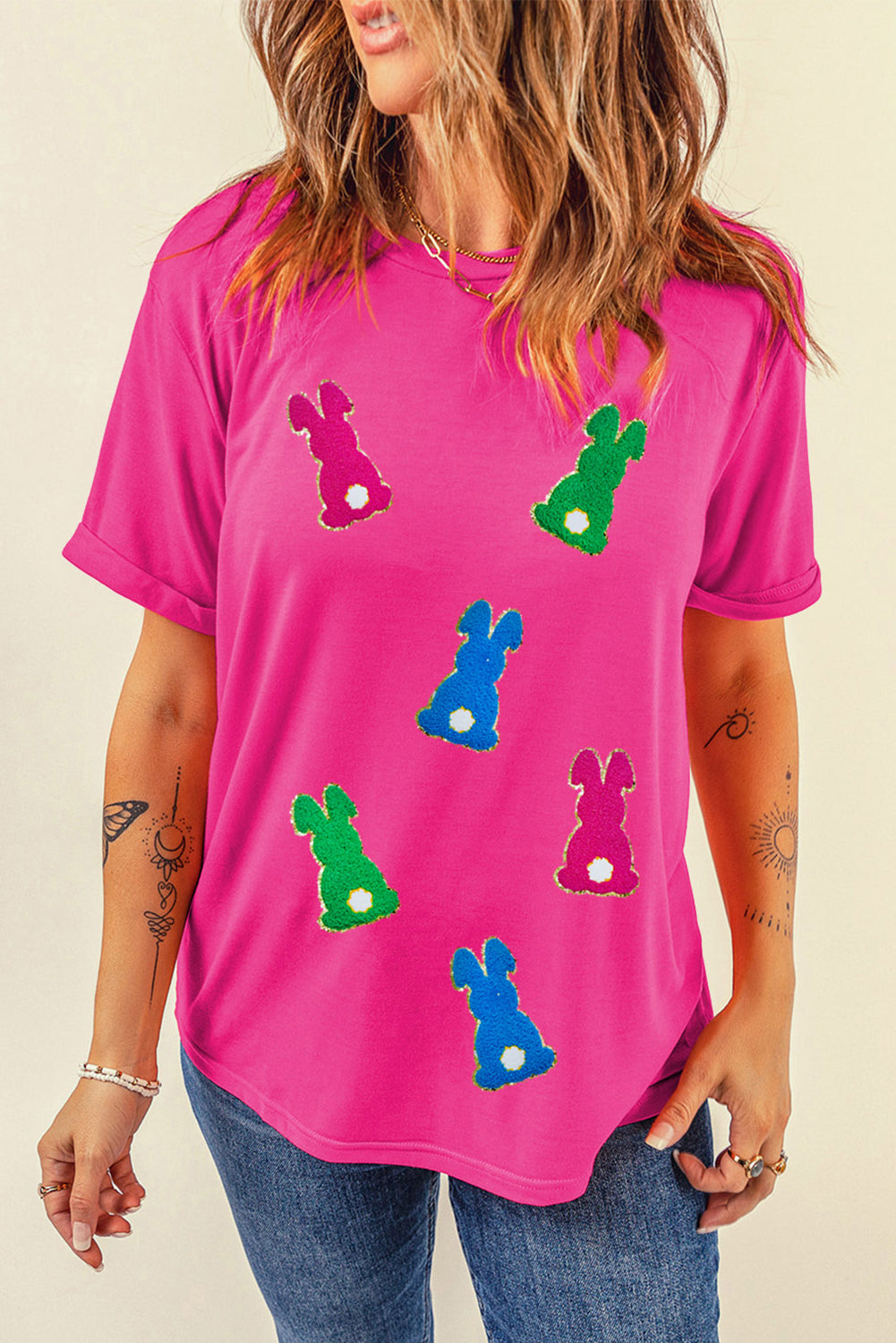 Rose Red Easter Rabbit Chenille Patched Pattern Crew Neck Tee-Graphic/Graphic Tees-[Adult]-[Female]-2022 Online Blue Zone Planet