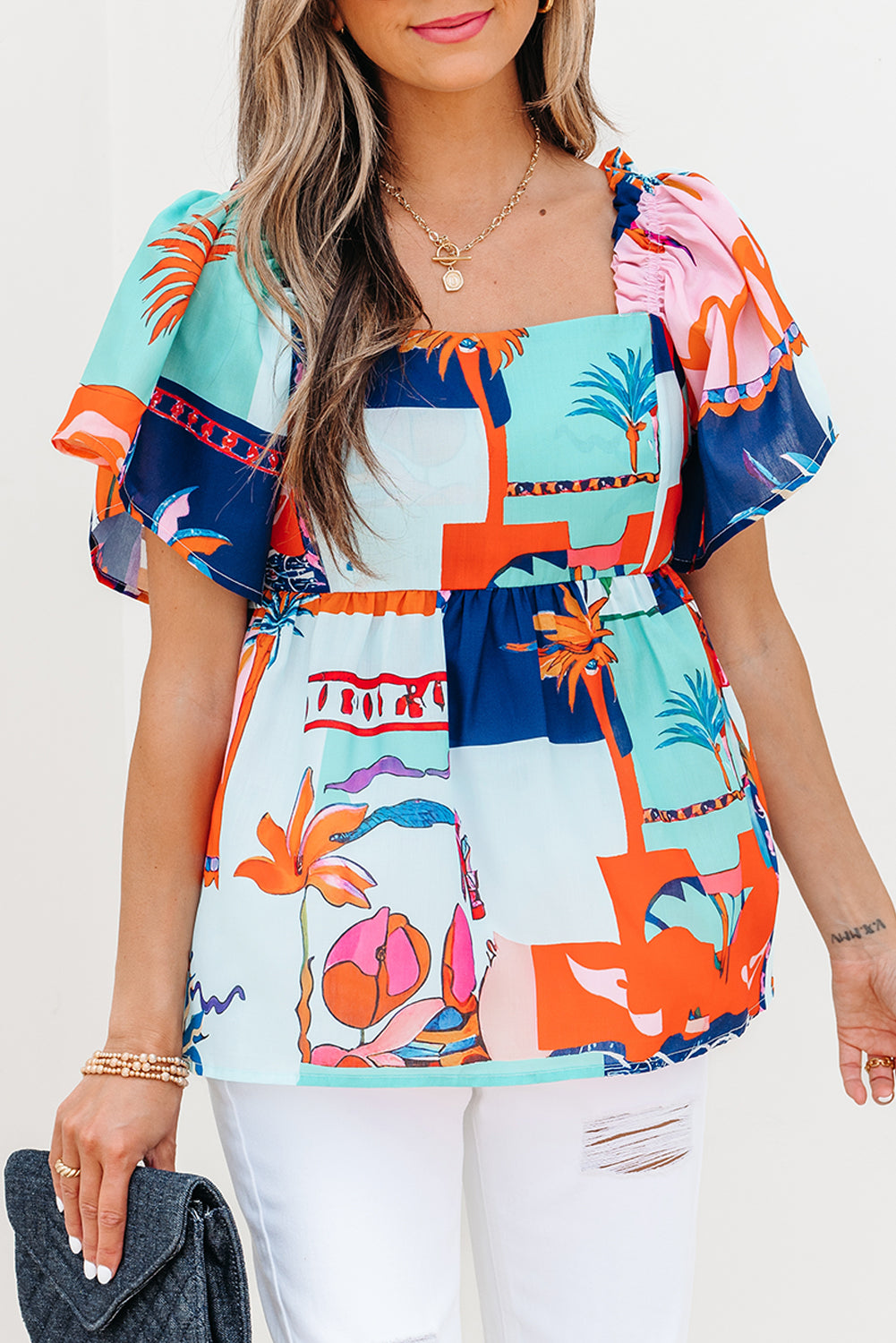 Sky Blue Tropical Printed Square Neck Flutter Sleeve Babydoll Blouse-Tops/Blouses & Shirts-[Adult]-[Female]-2022 Online Blue Zone Planet