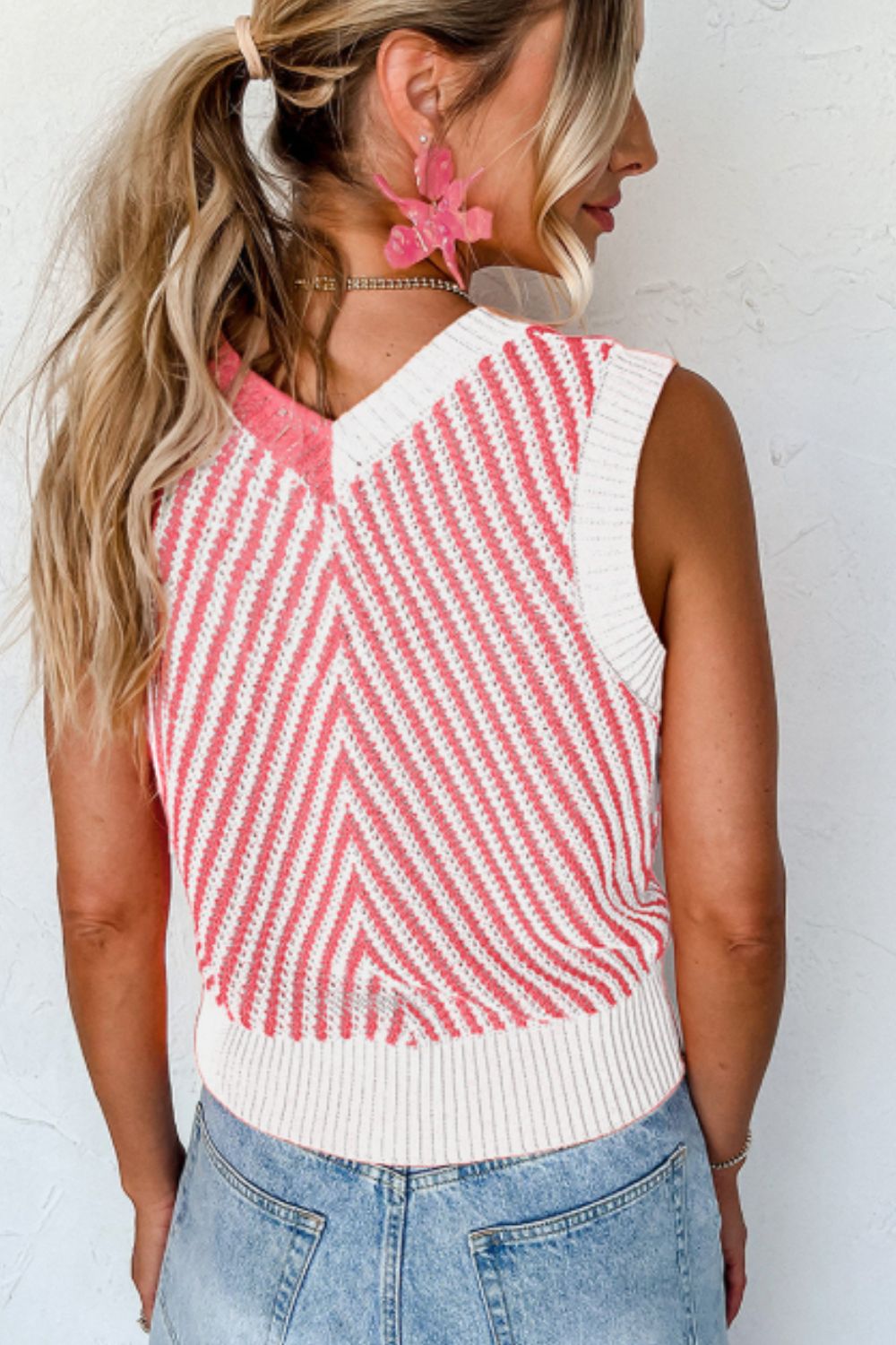 Striped Contrast V-Neck Sweater Vest-TOPS / DRESSES-[Adult]-[Female]-2022 Online Blue Zone Planet