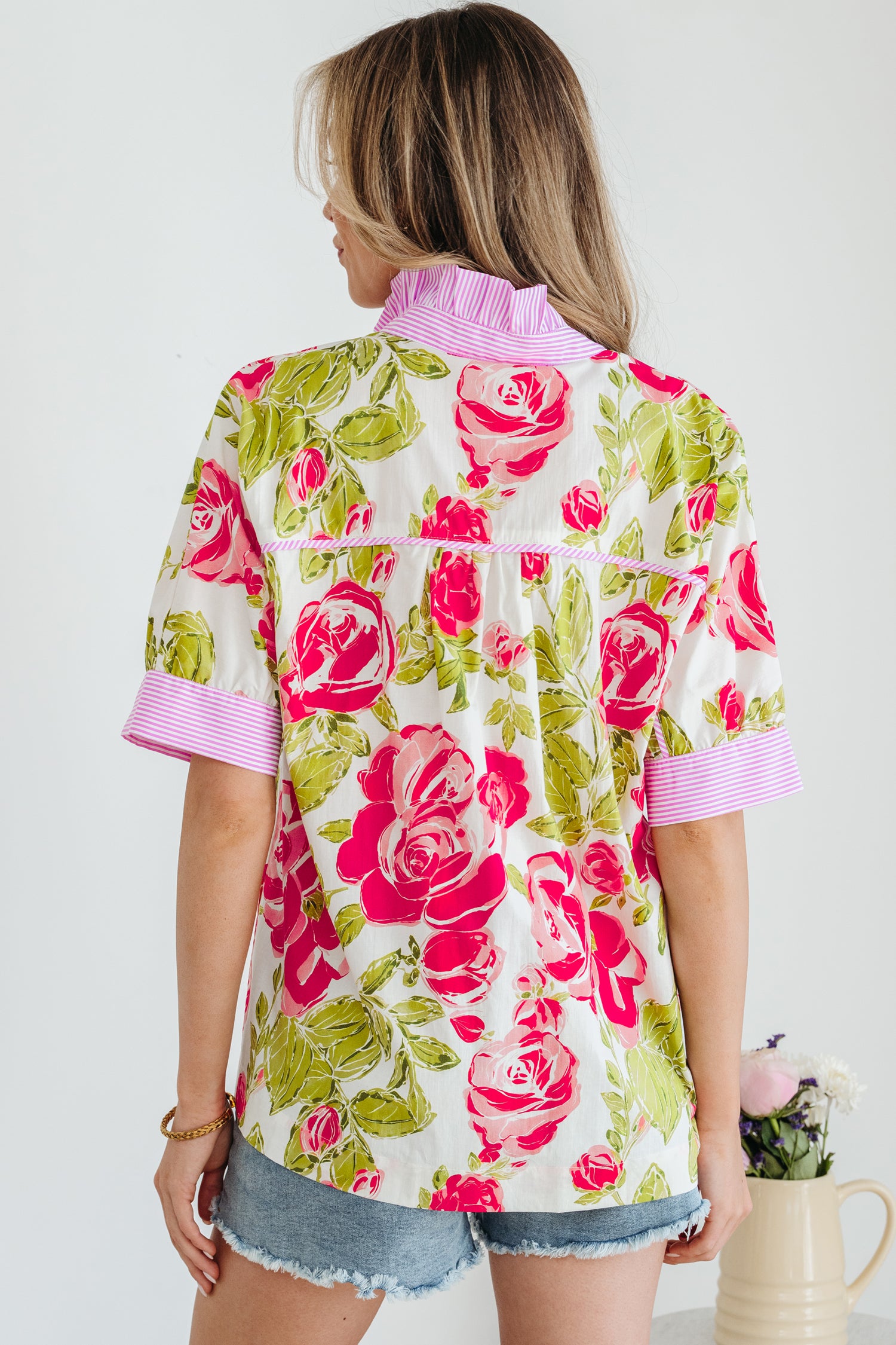 Pink Flower Print Striped Trim Frilled Collar Short Sleeve Shirt-Tops/Blouses & Shirts-[Adult]-[Female]-2022 Online Blue Zone Planet