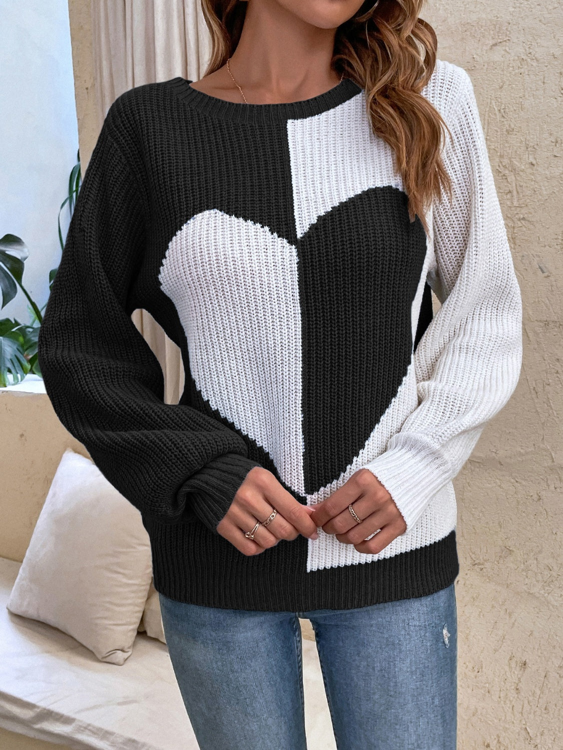 Contrast Heart Round Neck Long Sleeve Sweater-TOPS / DRESSES-[Adult]-[Female]-Black-S-2022 Online Blue Zone Planet