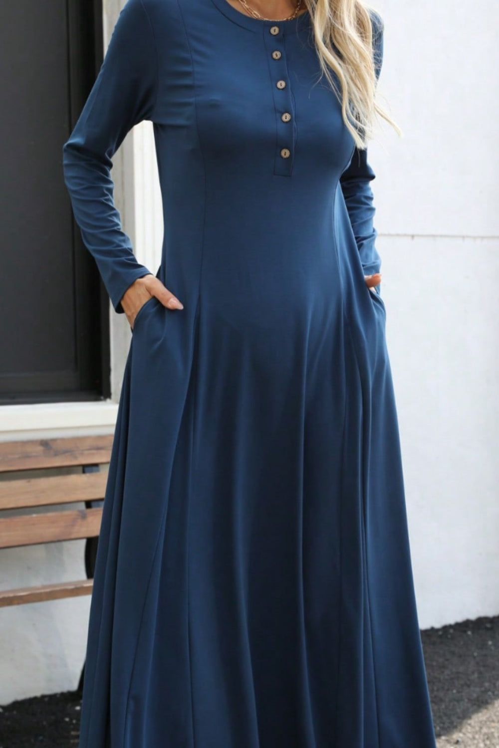 Round Neck Long Sleeve Maxi Dress with Pockets-TOPS / DRESSES-[Adult]-[Female]-2022 Online Blue Zone Planet