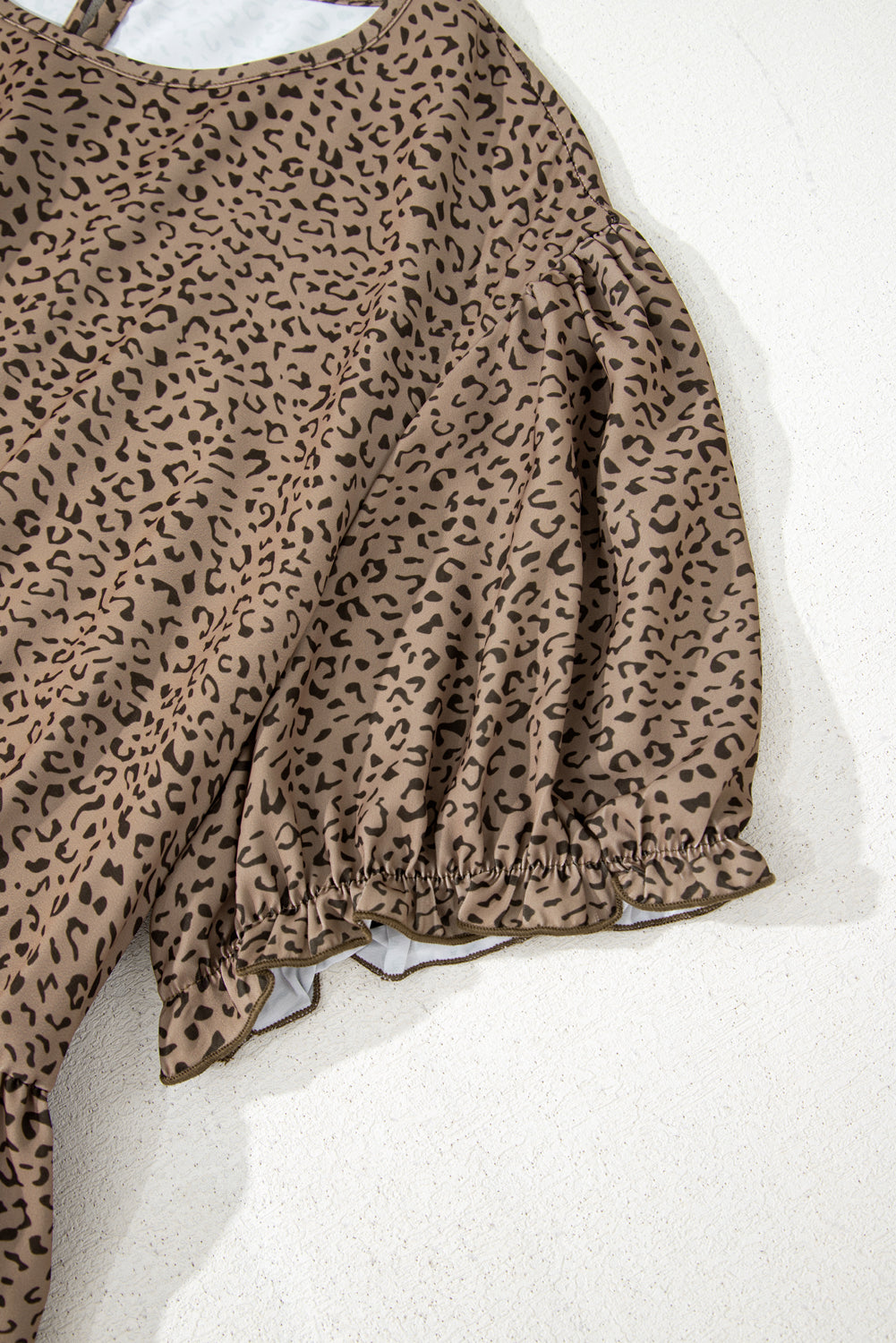 Brown Plus Size Leopard Print Frill Trim Short Sleeve Flared Dress-TOPS / DRESSES-[Adult]-[Female]-2022 Online Blue Zone Planet