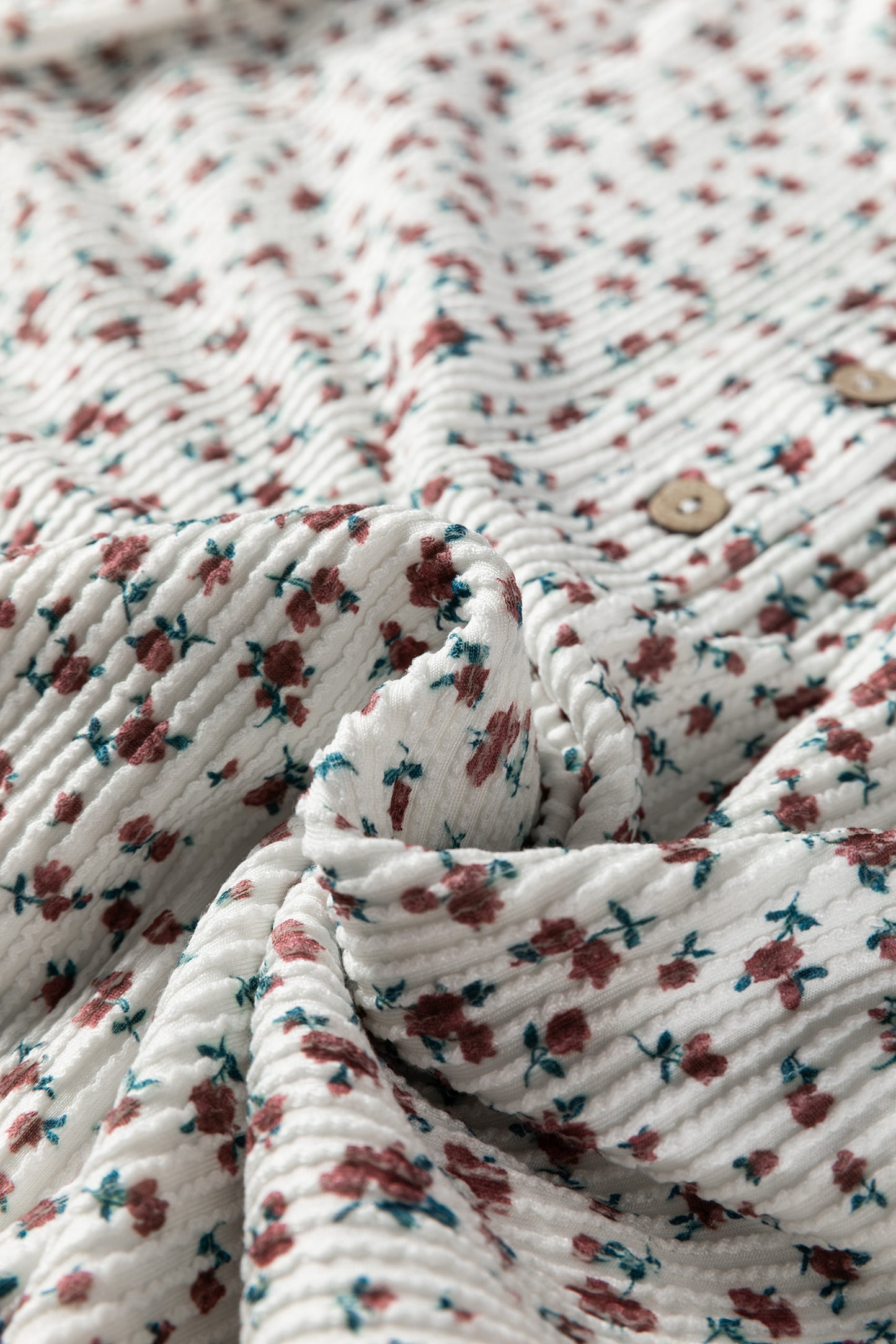 White Spiral Ribbed Floral Print Long Sleeve Henley Top Drawstring Short Set-Two Piece Sets/Short Sets-[Adult]-[Female]-2022 Online Blue Zone Planet